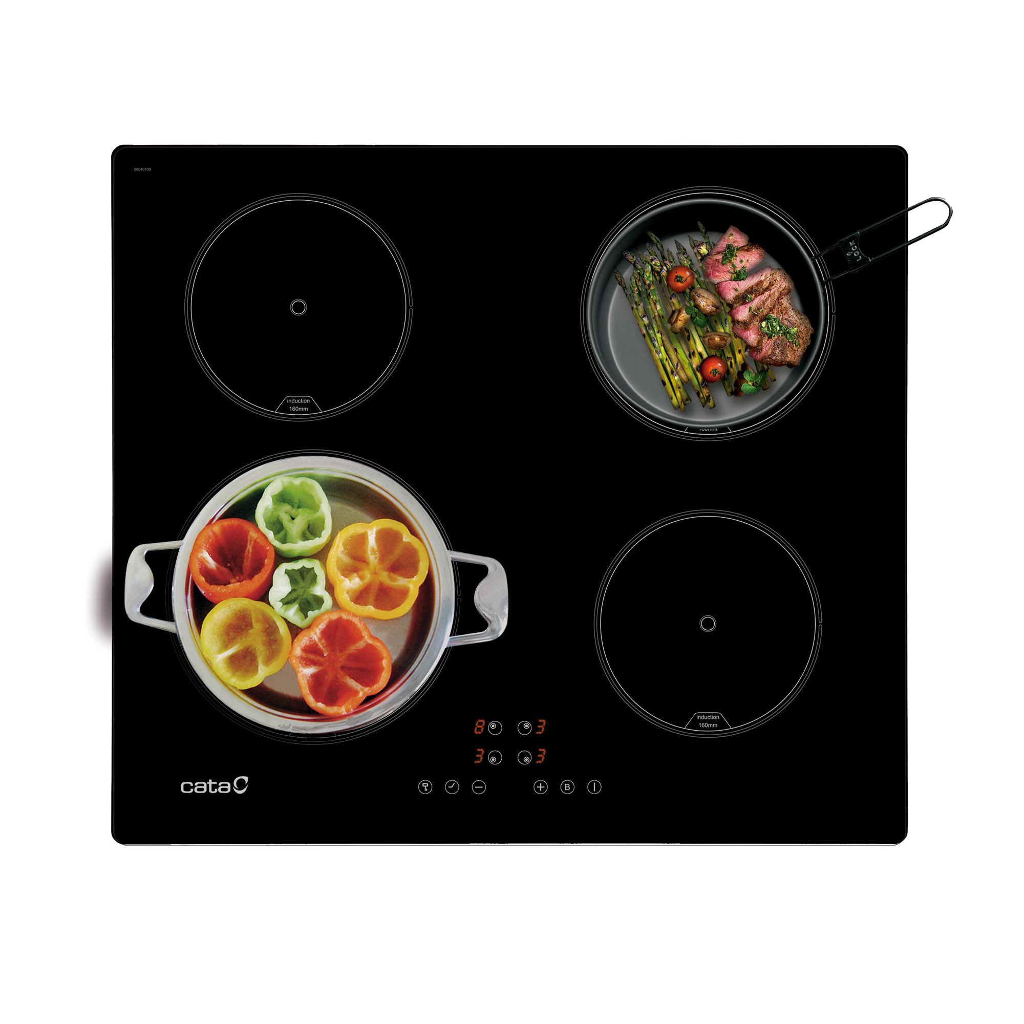 Placa de inducción negra con cuatro quemadores, con comida en sartenes encima.