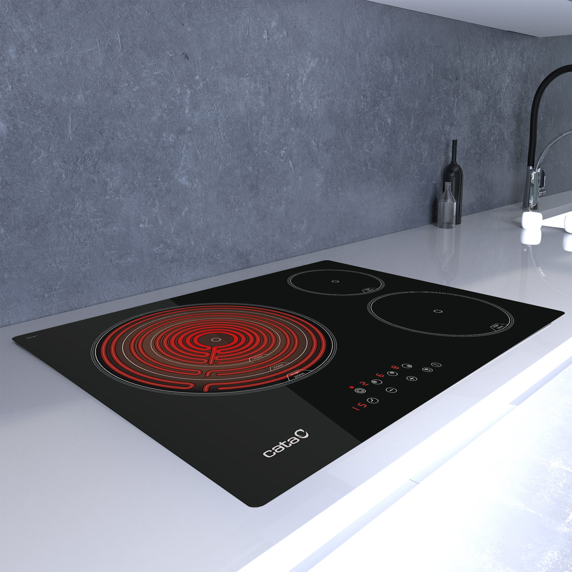 Encimera Cata negra con elementos calefactores rojos, sobre encimera blanca contra pared gris.