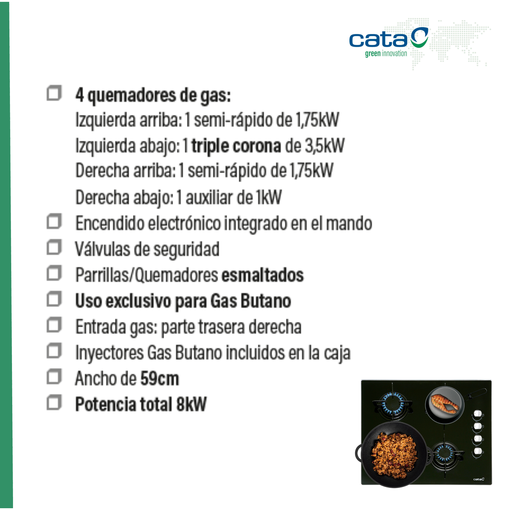 Płyta gazowa z czterema palnikami, z hiszpańskim tekstem opisującym jej cechy.