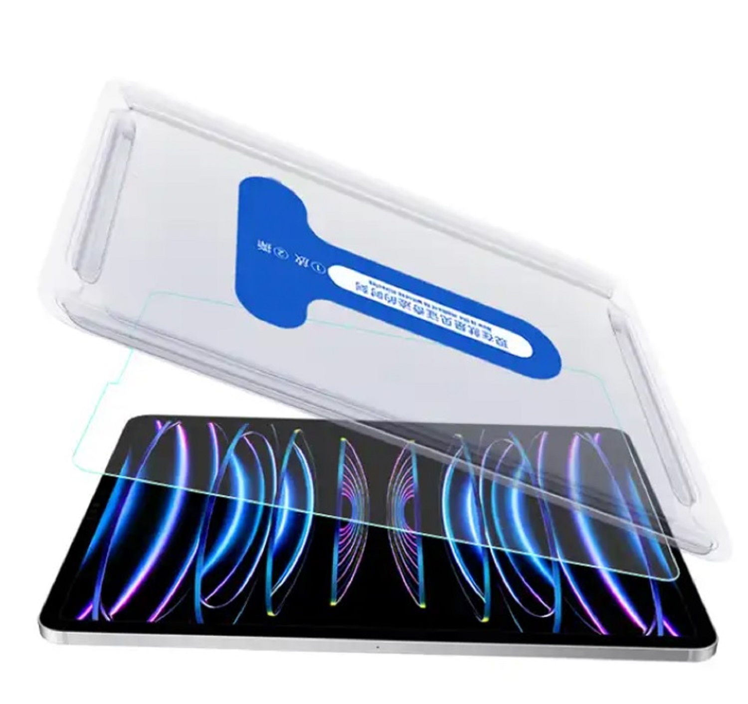 Ein Tablet wird von einem transparenten Schutz bedeckt. Ein blauer Applikator befindet sich über dem Tablet.