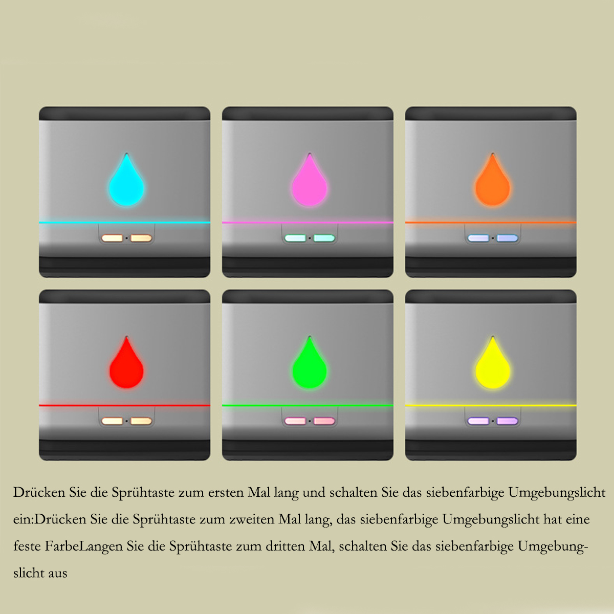 Sechs kleine Geräte mit unterschiedlich farbigen Lichtern, die von ihren Zentren ausgehen.