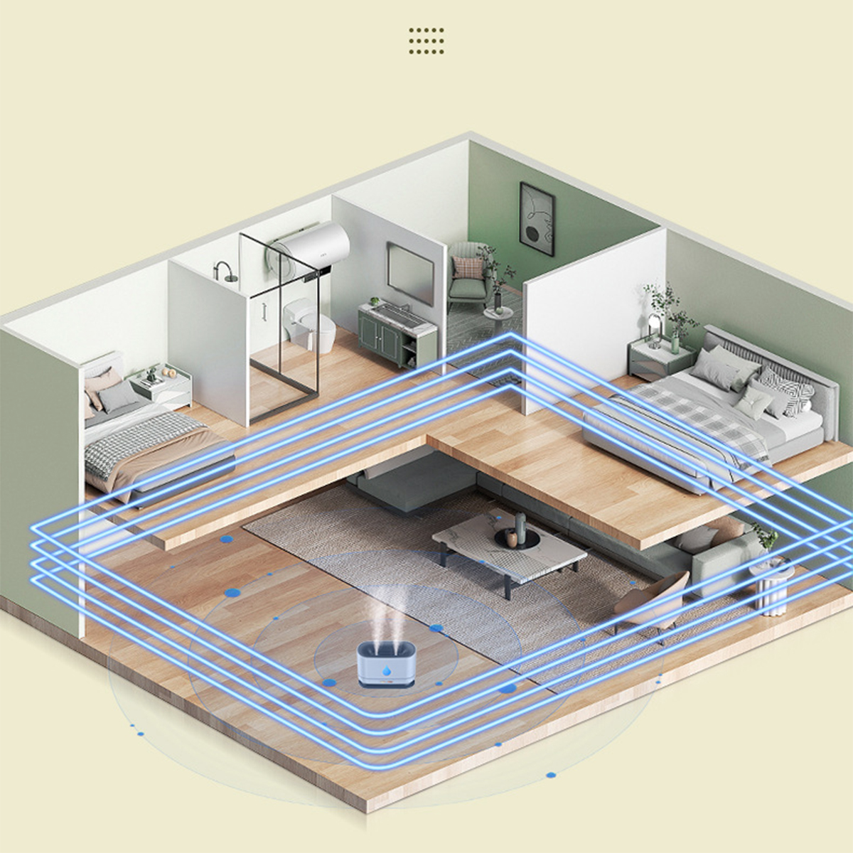 Isometrische Ansicht eines modernen Wohnungsinneren mit blauen Luftreinigungslinien und Möbeln.