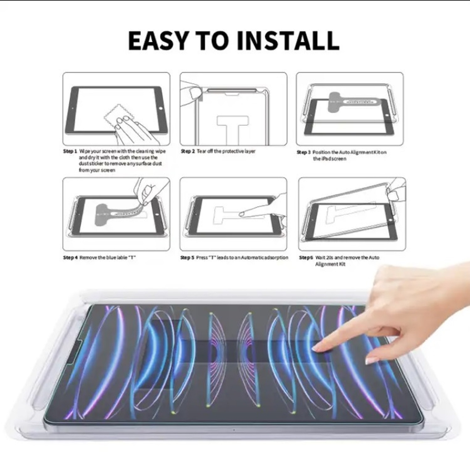 Schritte zur Installation des Bildschirmschutzes auf dem Tablet: Wischen, Schicht abziehen, Bausatz positionieren, entfernen.
