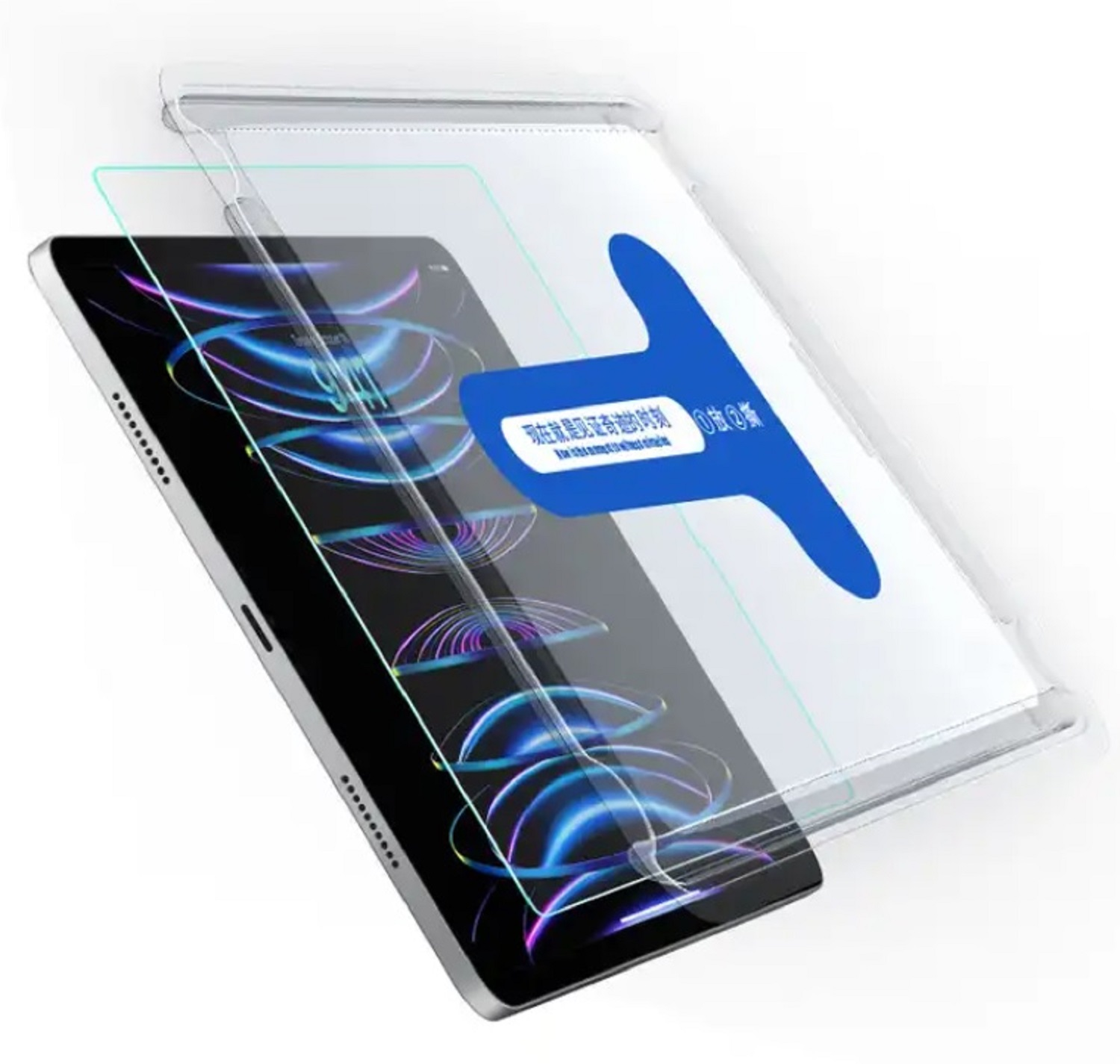 Tablet mit Displayschutzfolie. Ein blauer Pfeil zeigt die Platzierung an.