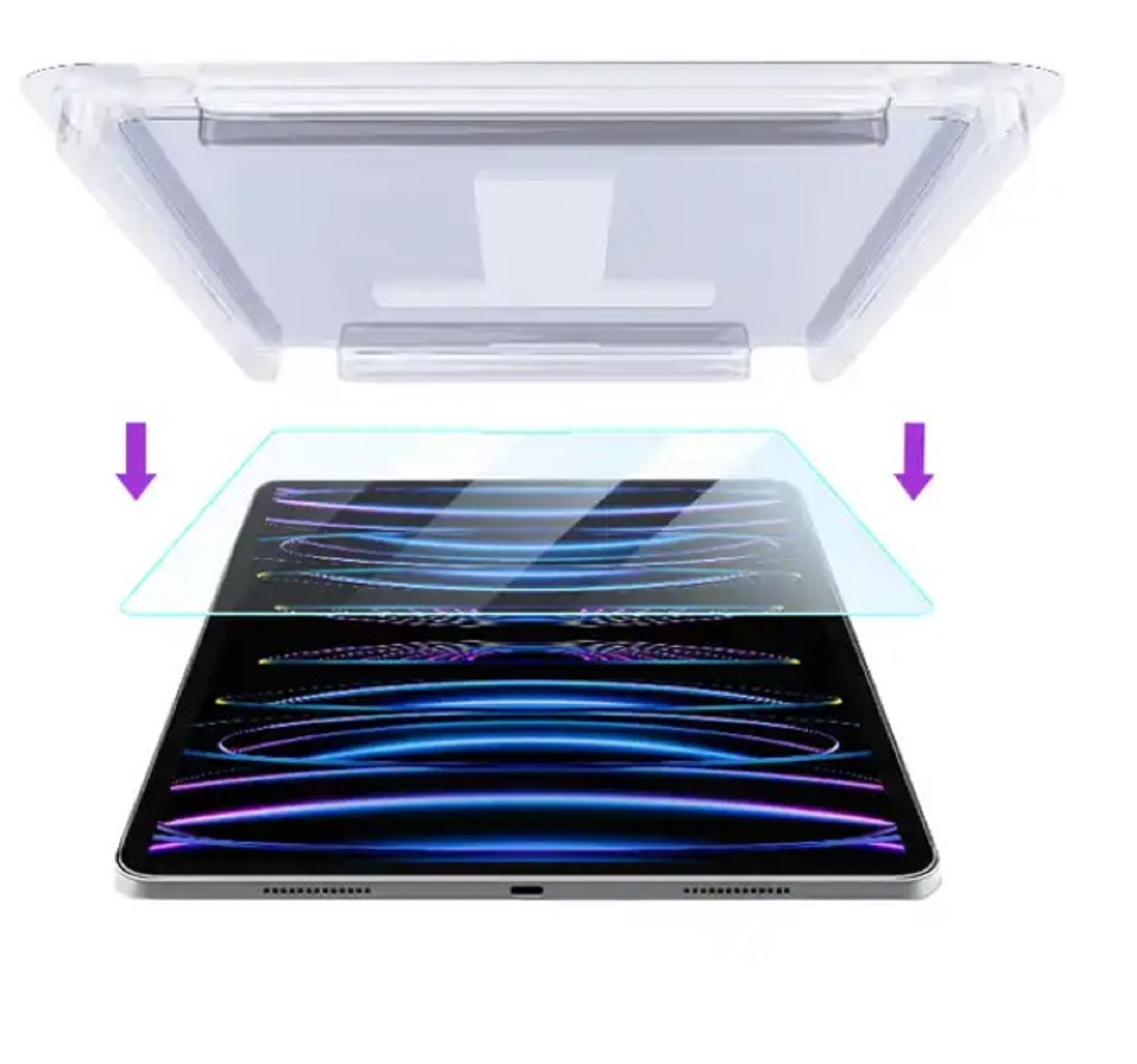 Ein Tablet mit einer Displayschutzfolie, die mithilfe eines Ausrichtungswerkzeugs angebracht wird.