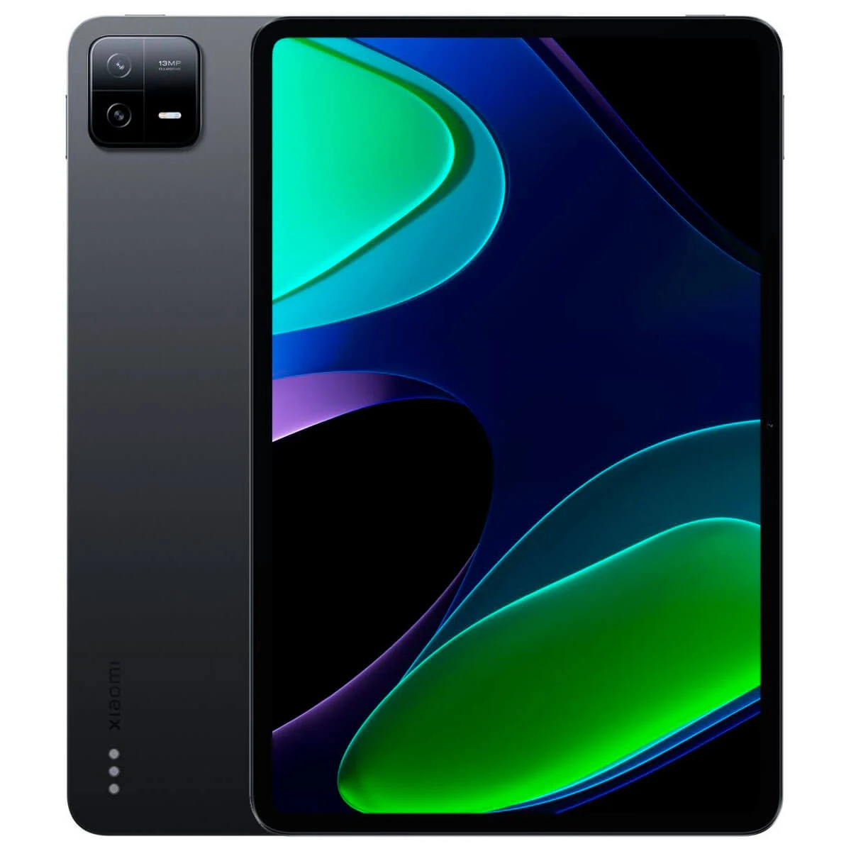 Un tablet grigio scuro con una fotocamera e uno schermo che mostra un design astratto colorato.