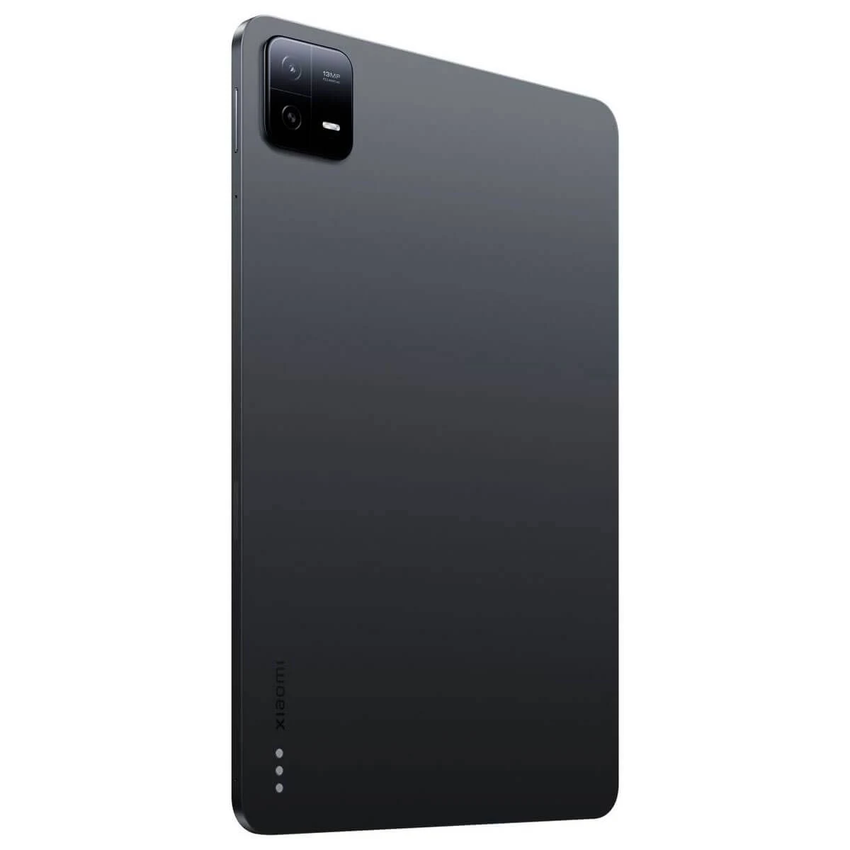 Vista posteriore di tablet nero. Fotocamera con etichetta 13MP visibile. Logo Xiaomi in basso.