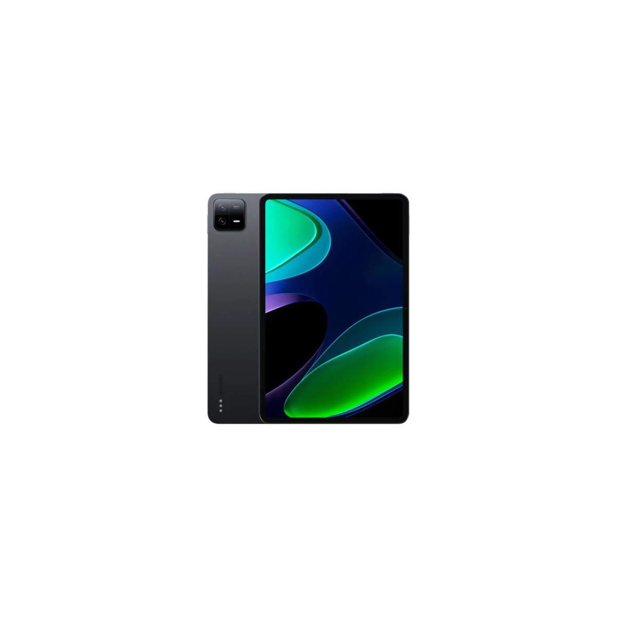 Un tablet nero con schermo colorato, visto da dietro e di lato.