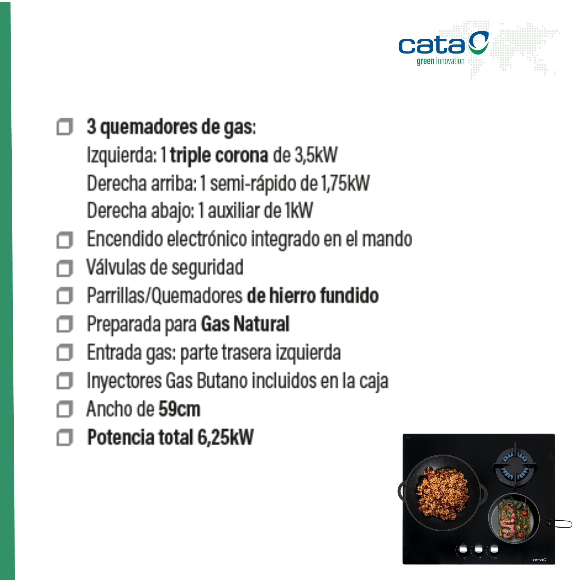 Una lista de características y una foto de una placa de gas con quemadores. Texto en español.