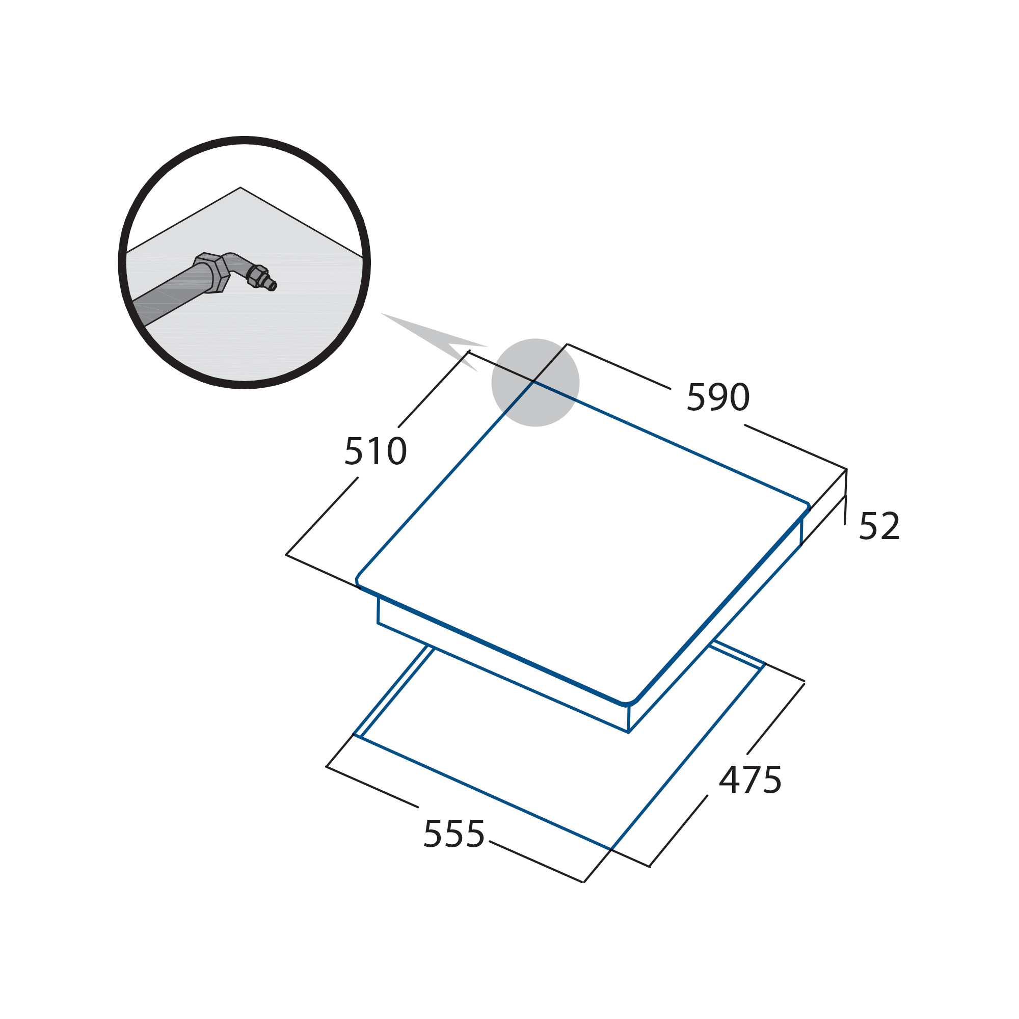 Diagrama de una placa con dimensiones en mm: 590x52, y un recorte inferior de 555x475. Incluye detalle de grifo.