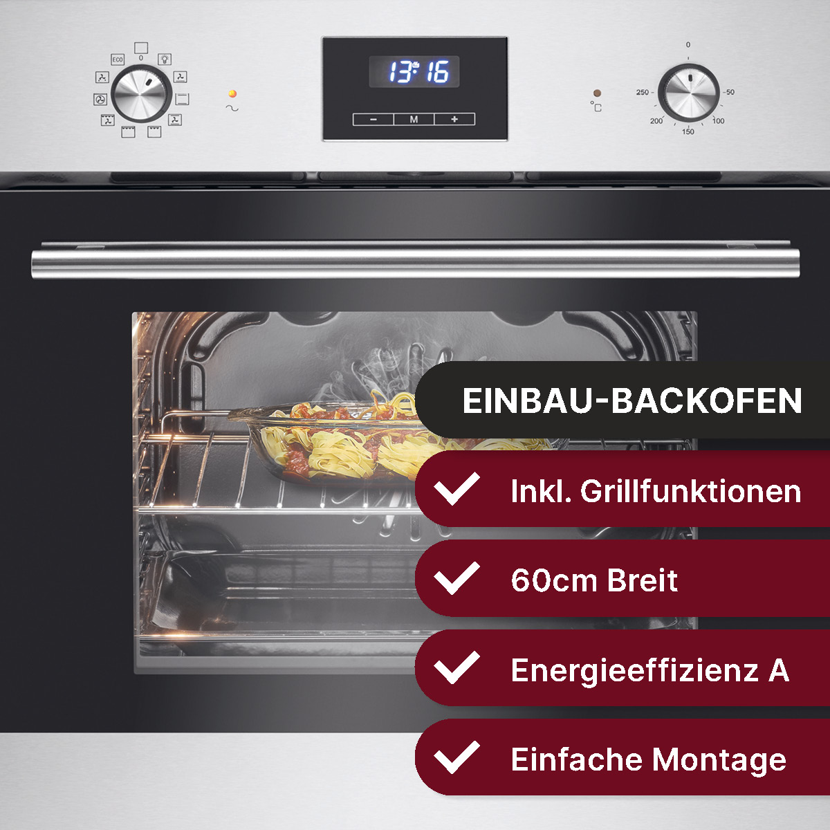 Ein Ofen mit Display, Spaghetti im Inneren und Funktionen wie Grill und einfachem Einbau.