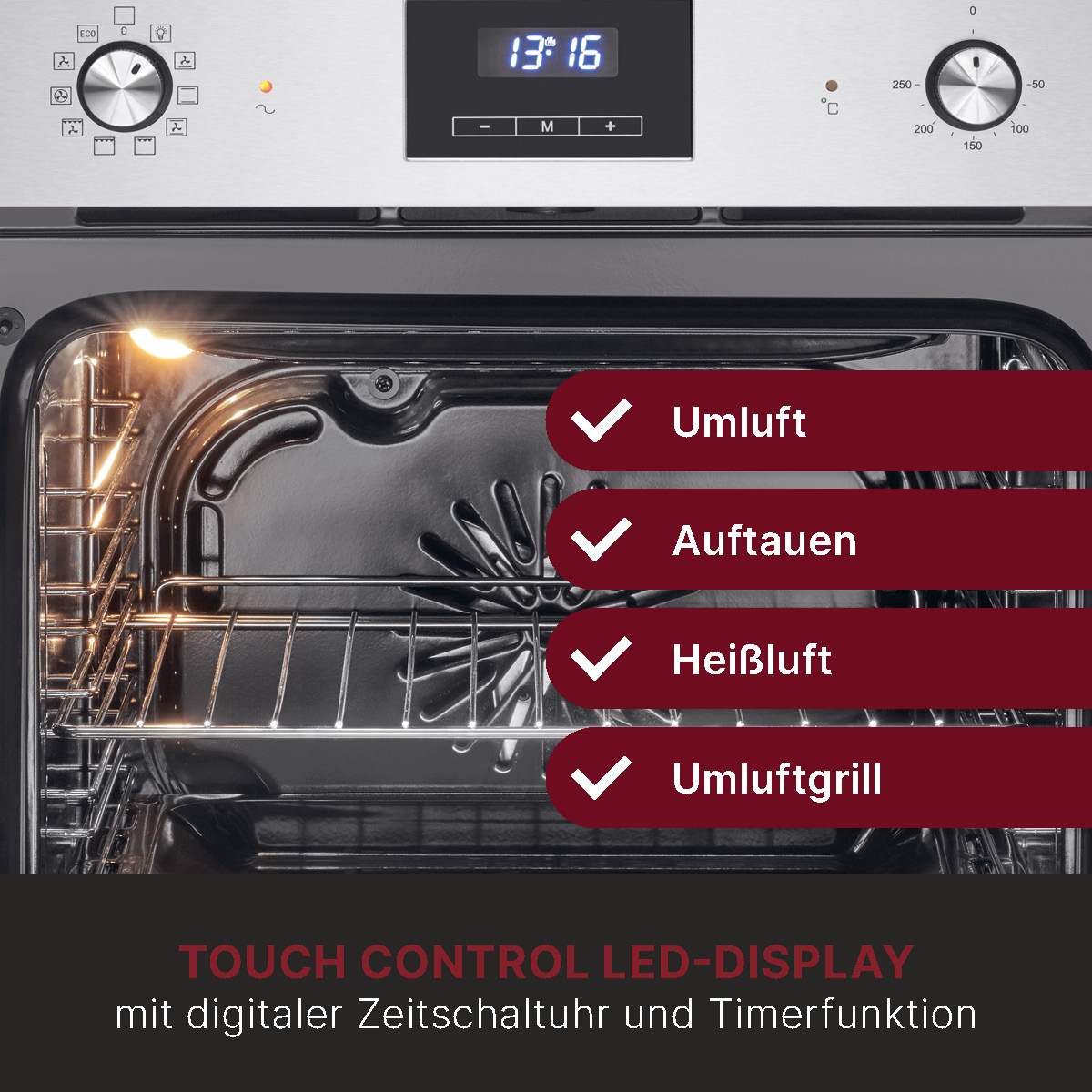 Backofeninnenraum mit digitaler Anzeige und Optionen für Umluft, Auftauen, Heißluft und Umluftgrill.