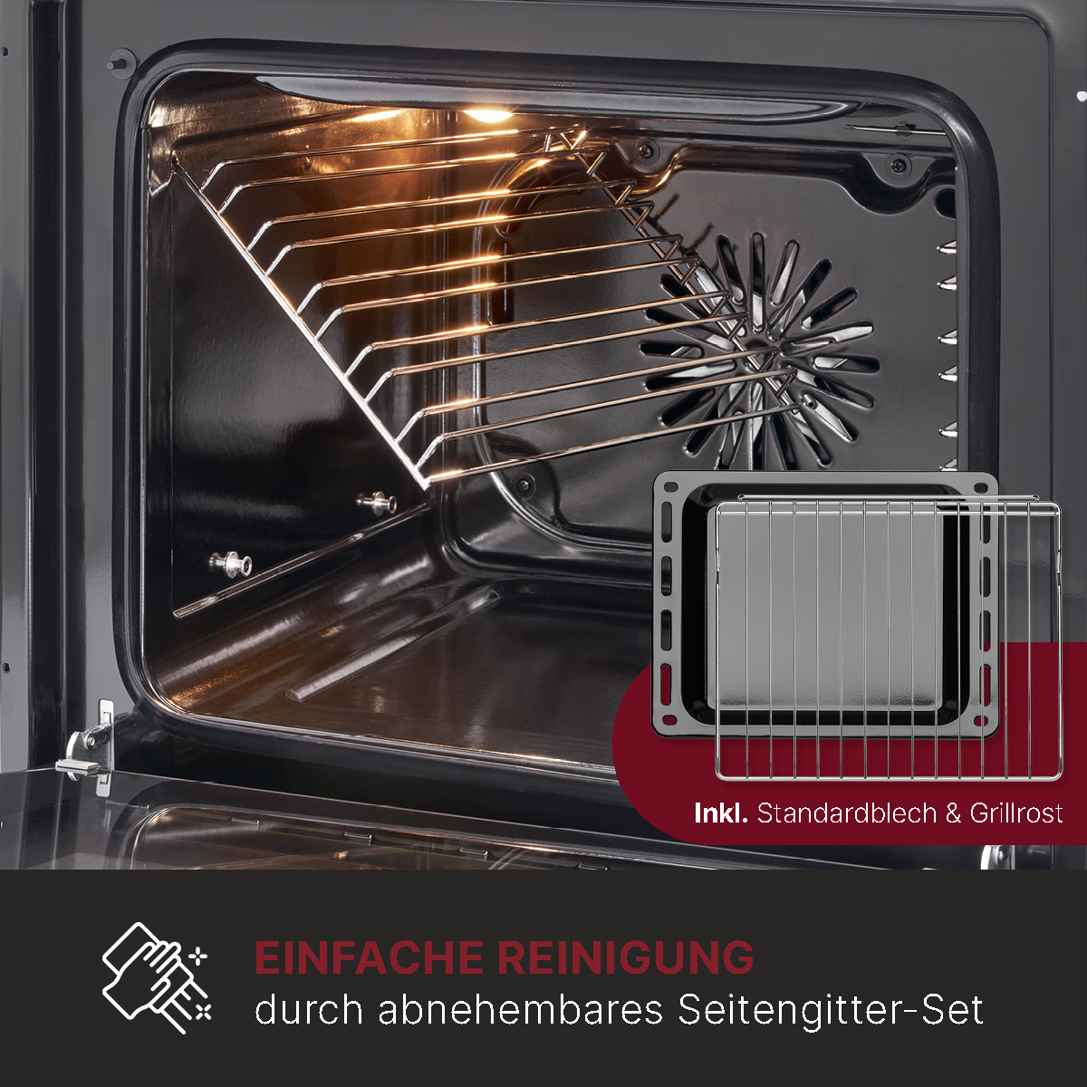 Innenraum eines Ofens mit Metallrost und Backblech, mit Text: Einfache Reinigung.