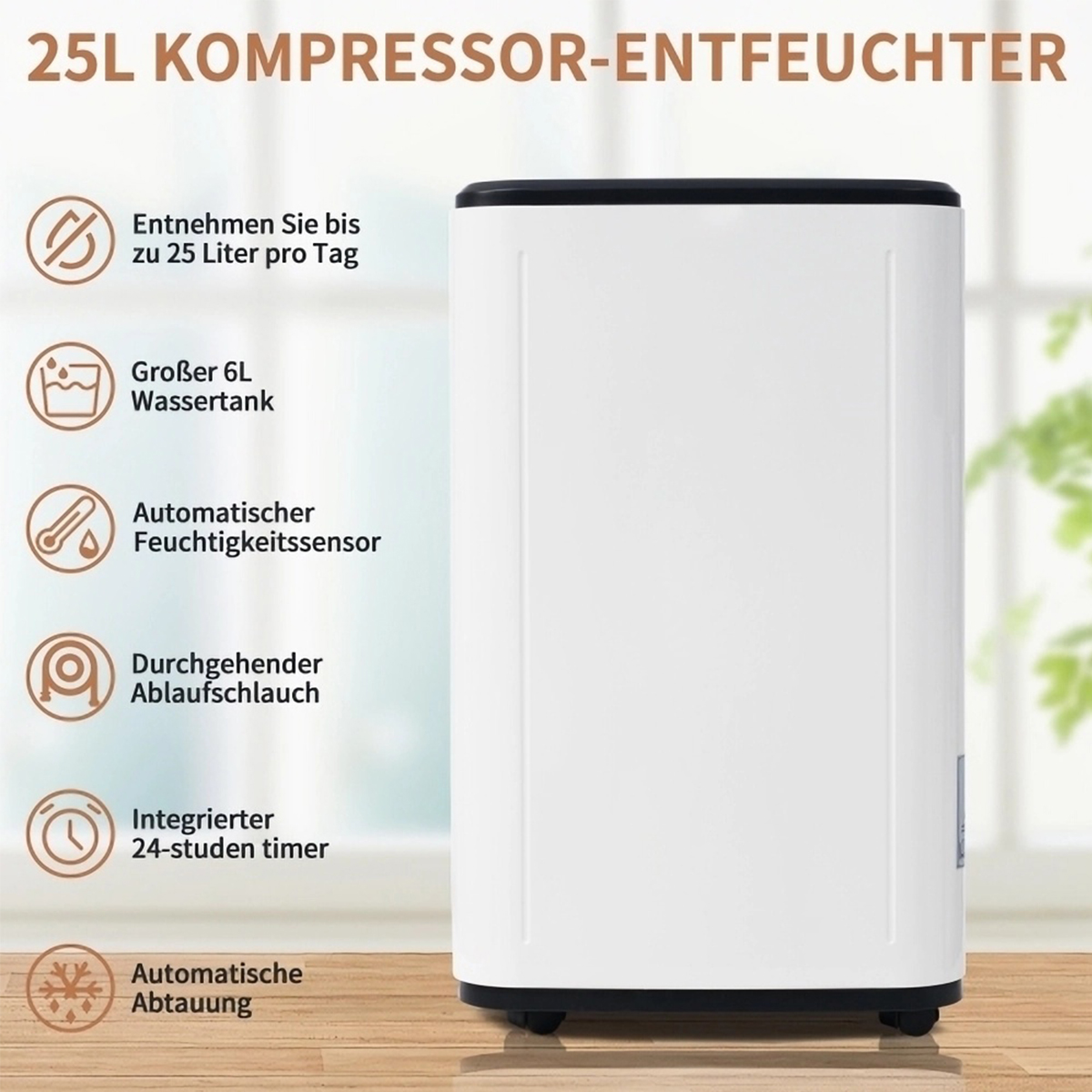 Weißer Luftentfeuchter mit schwarzen Ober- und Seitendetails, Symbolen. Text: 25L Kompressor-Entfeuchter.