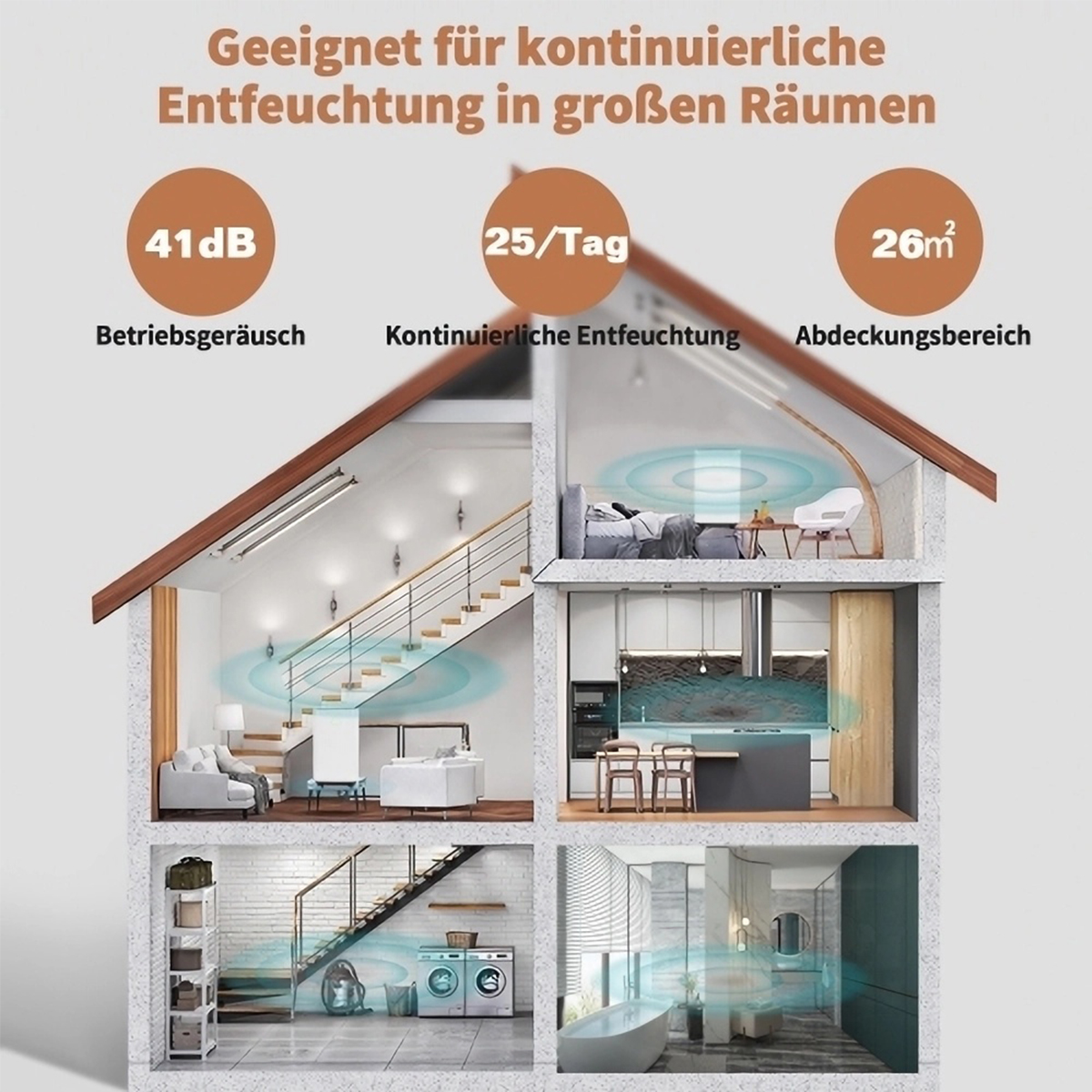 Diagramm eines Hauses, das Luftentfeuchtung zeigt, mit Textbeschriftungen.