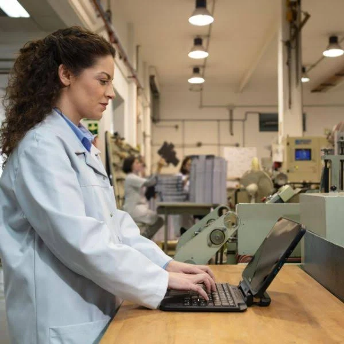 Kobieta w fartuchu laboratoryjnym pisze na laptopie przy drewnianym stole w warsztacie, inni w tle.