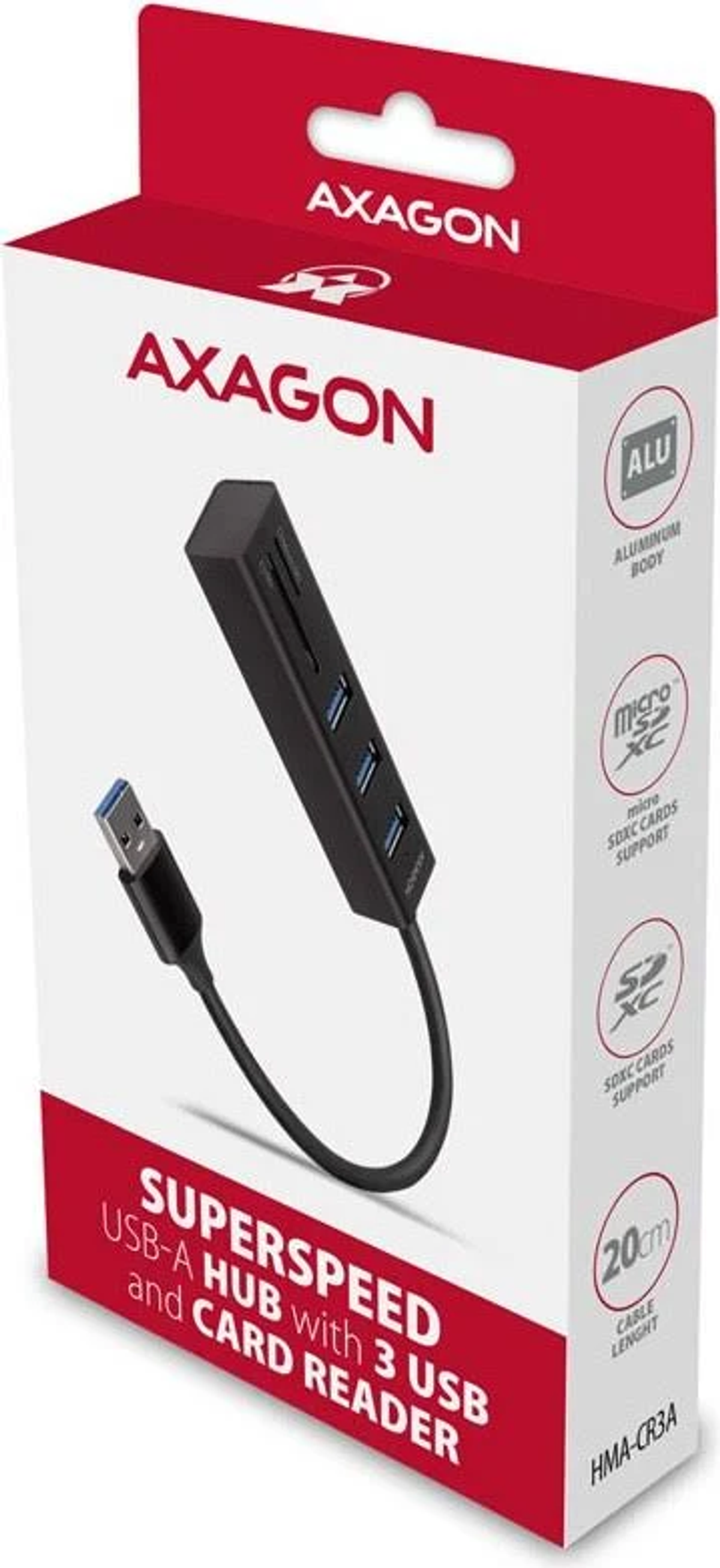 Schwarzer USB-Hub mit 3 USB-Anschlüssen und Kartenleser in einer Box.