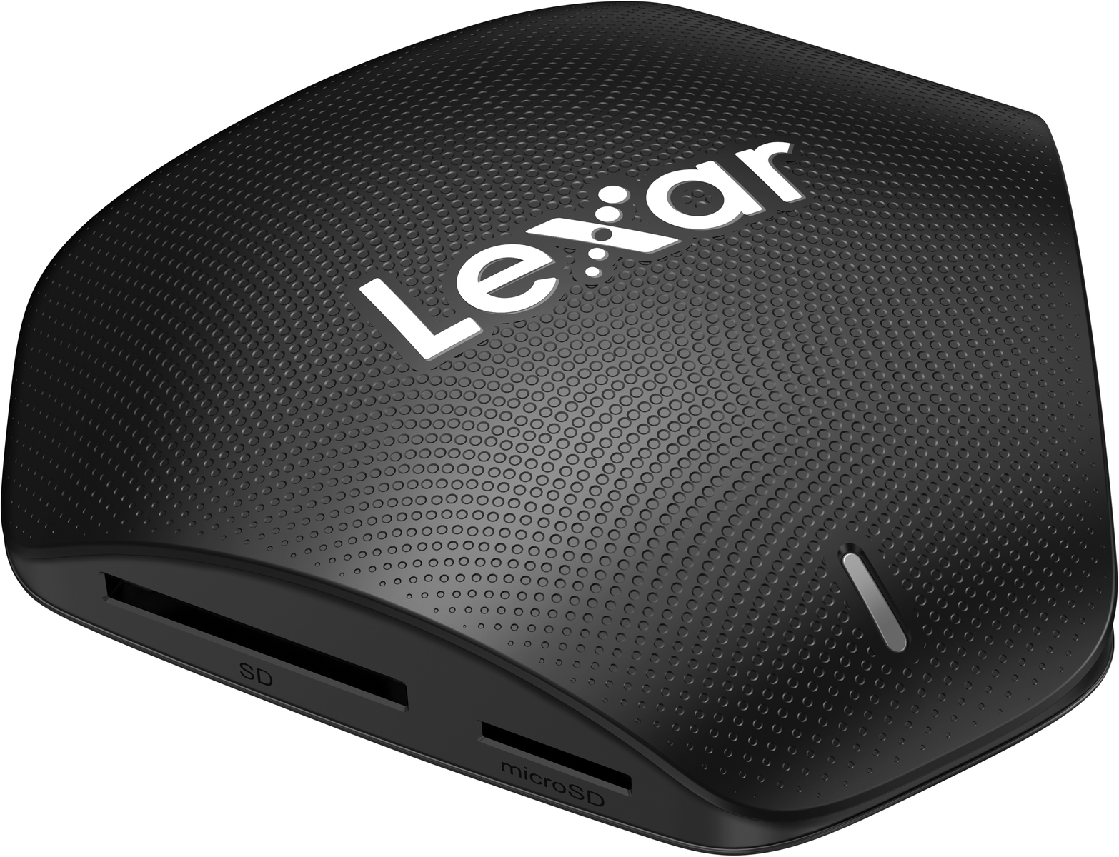 Schwarzer Lexar Kartenleser mit SD- und microSD-Kartensteckplätzen auf weißem Hintergrund.