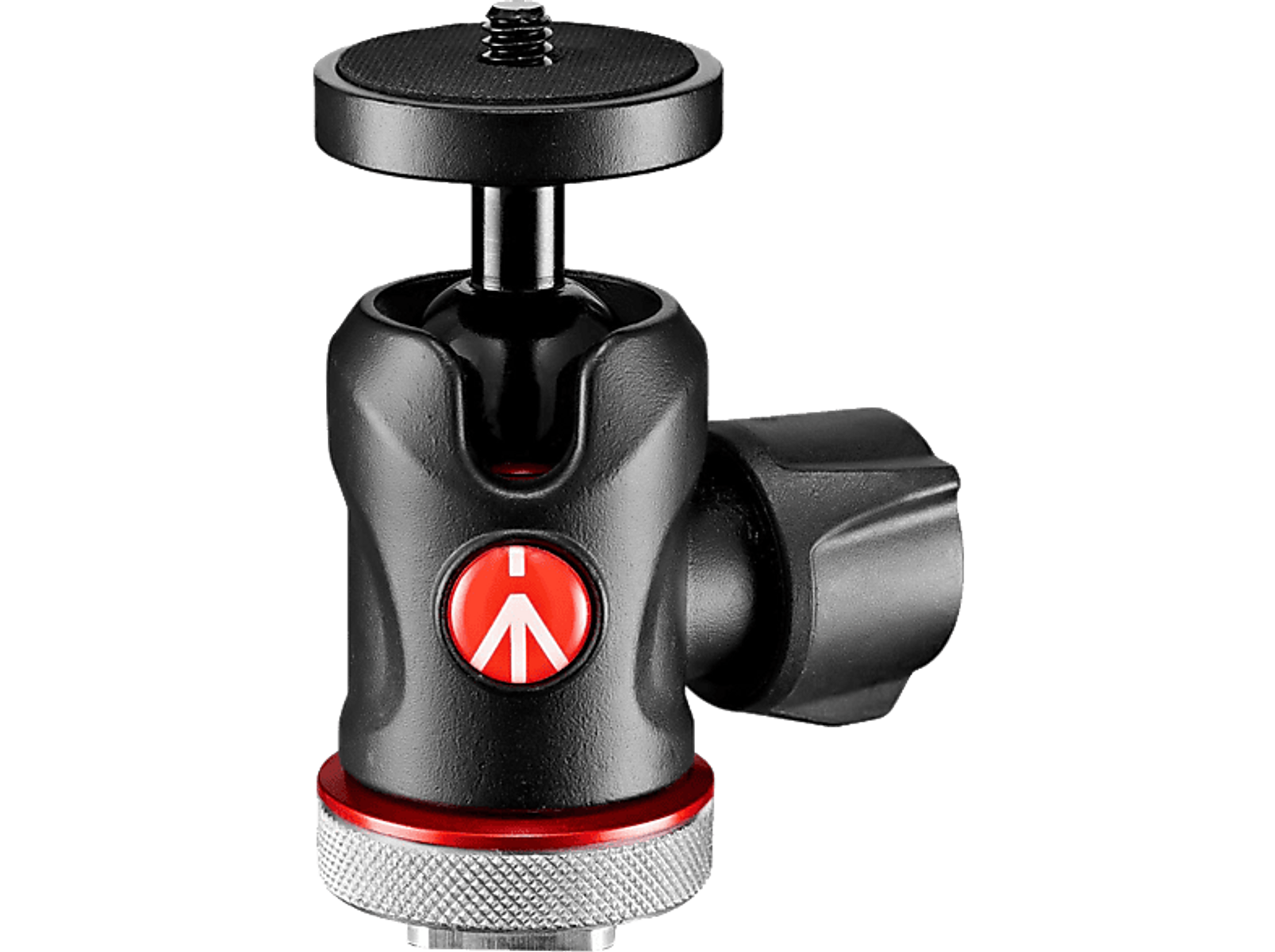 Rótula de trípode negra y roja con el logotipo de Manfrotto sobre fondo blanco.