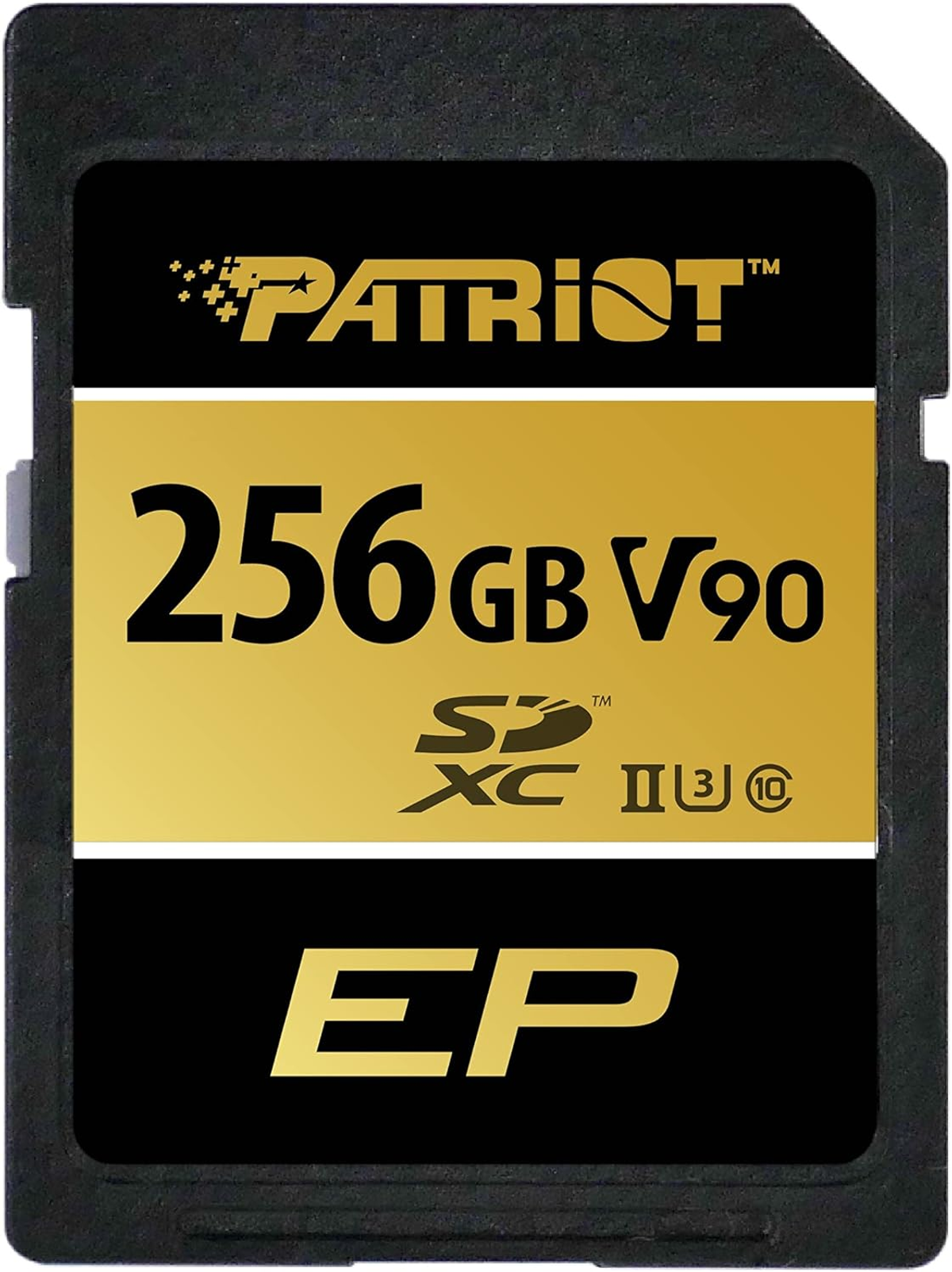 Scheda SD Patriot 256GB V90 con design oro e nero.