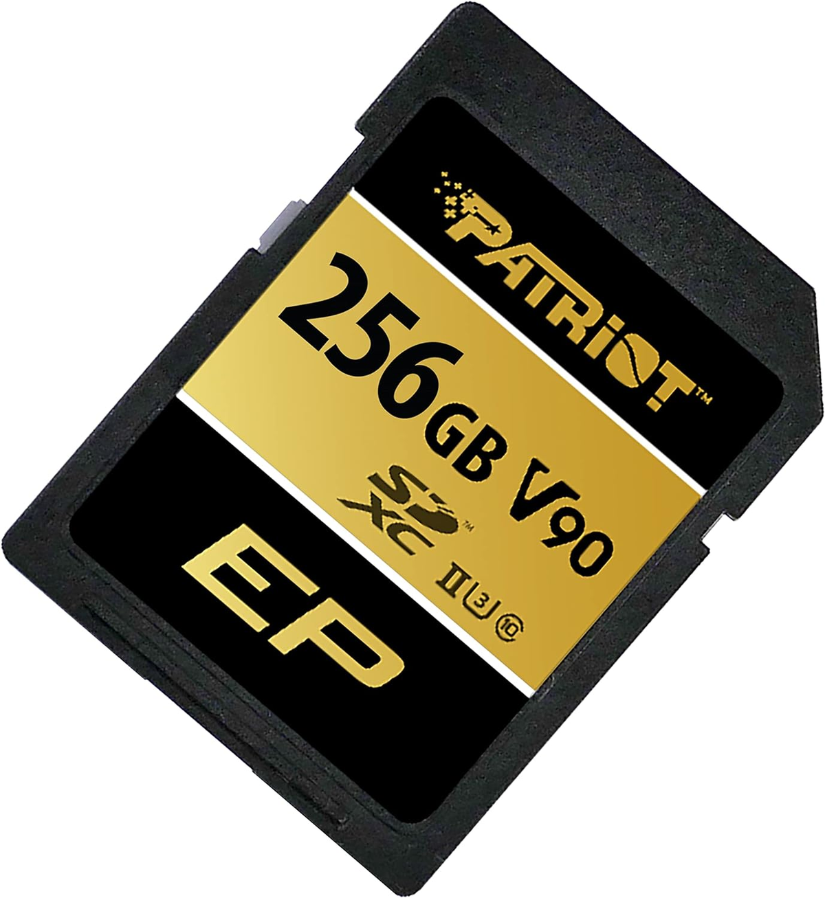 Una scheda SD nera e oro con il marchio Patriot e capacità di 256 GB.