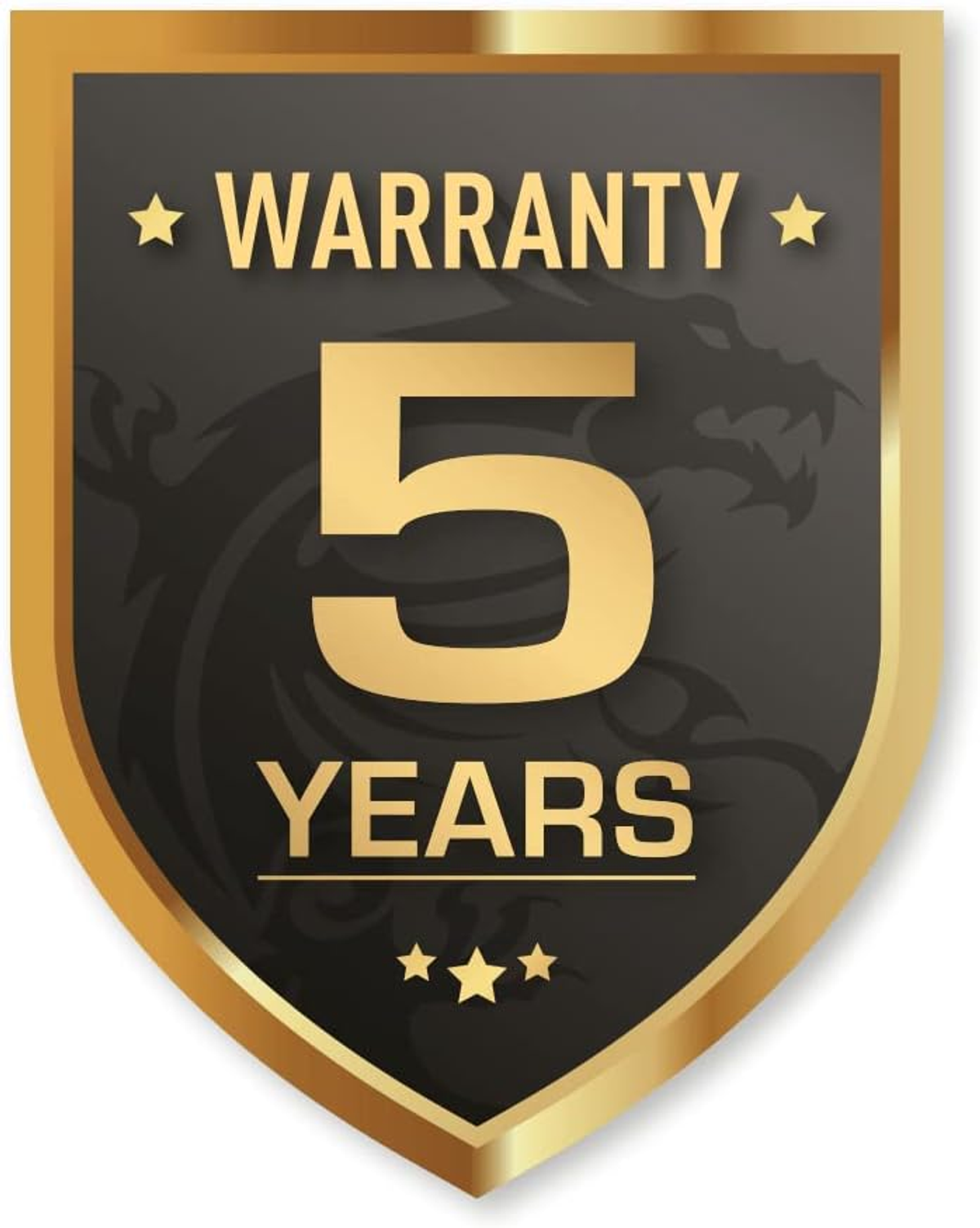 Scudo di garanzia con bordo dorato, testo 'Warranty 5 Years'.