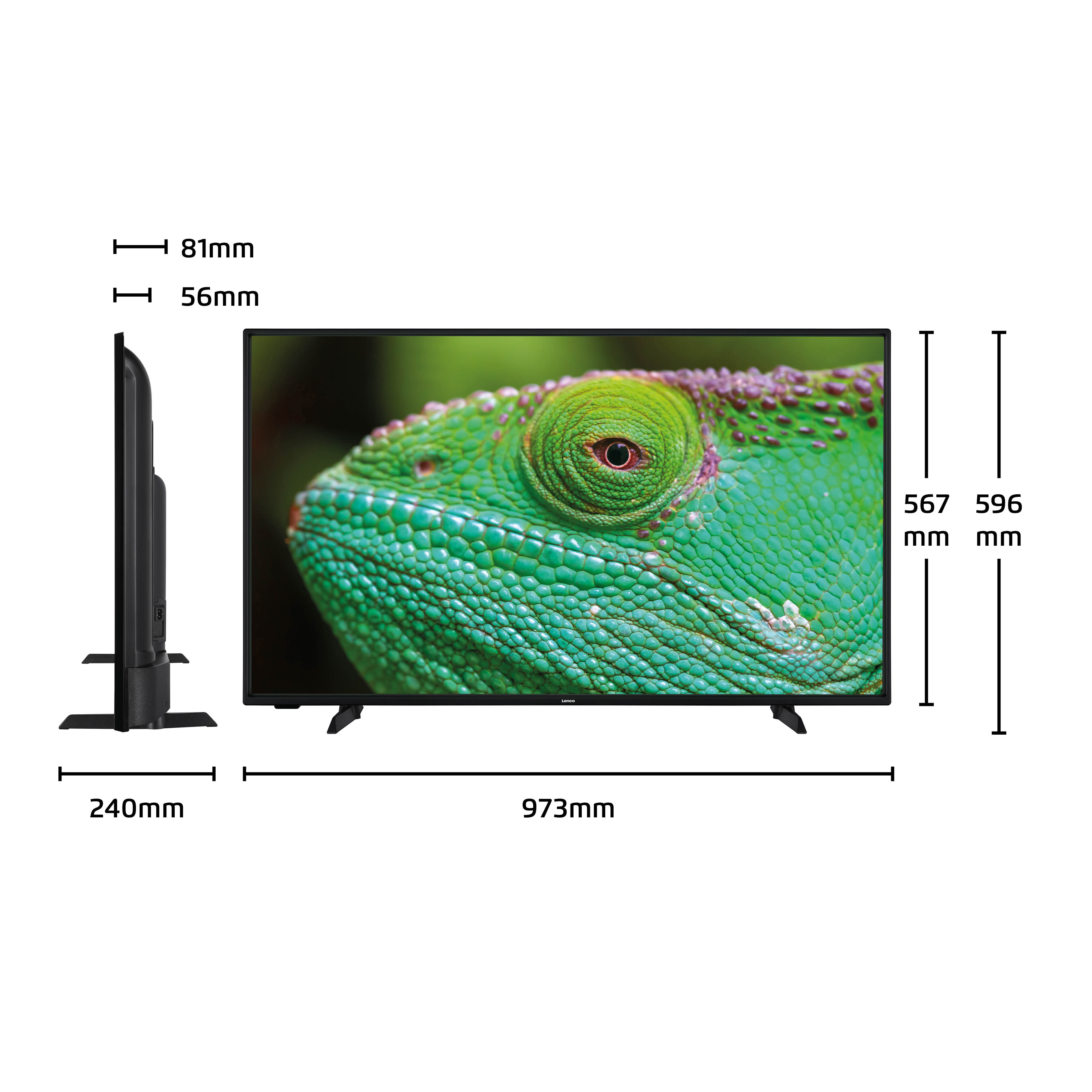 Een tv met een groene kameleonafbeelding en afmetingen, zijaanzicht en vooraanzicht.