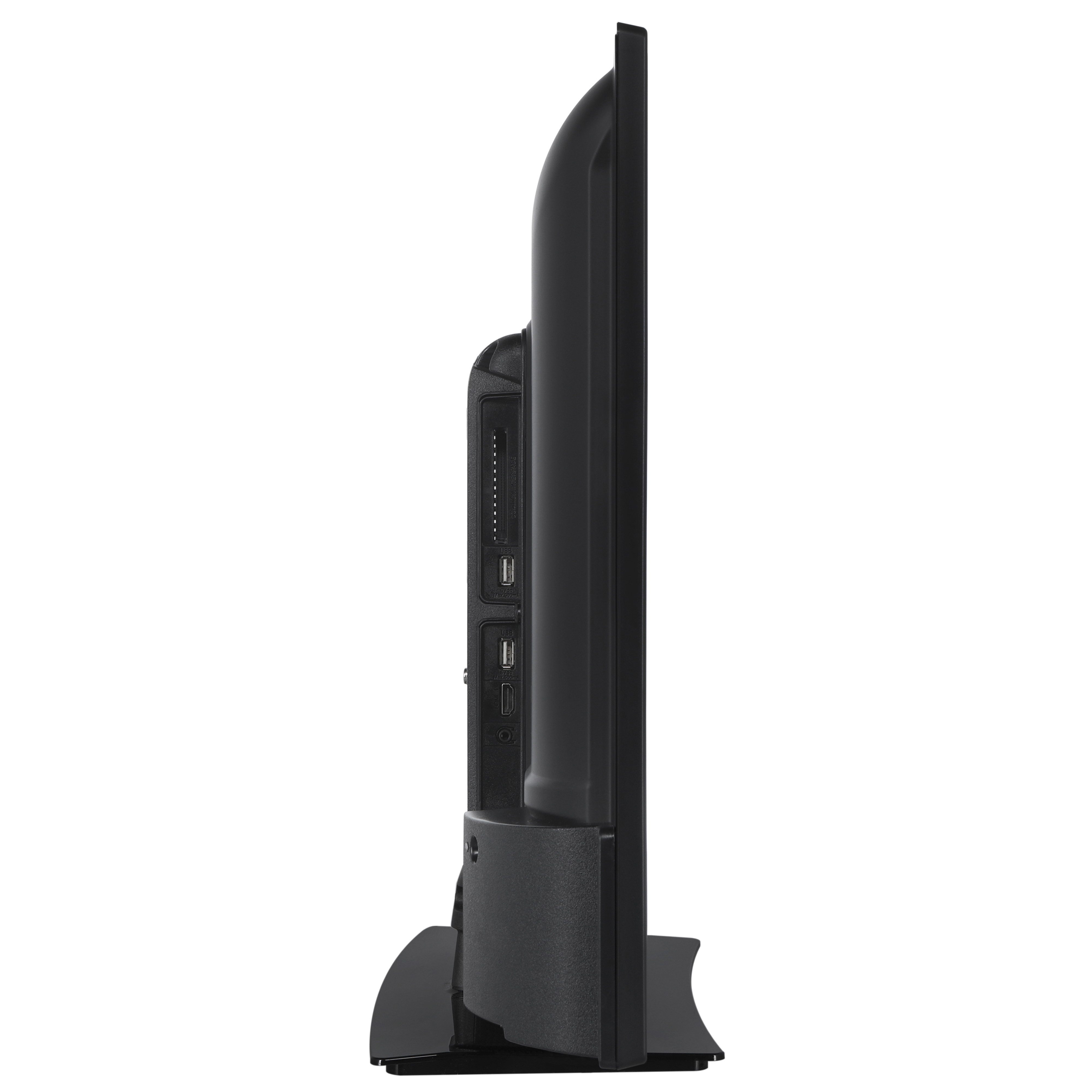 Widok z boku czarnego telewizora z portami z tyłu i podstawą.