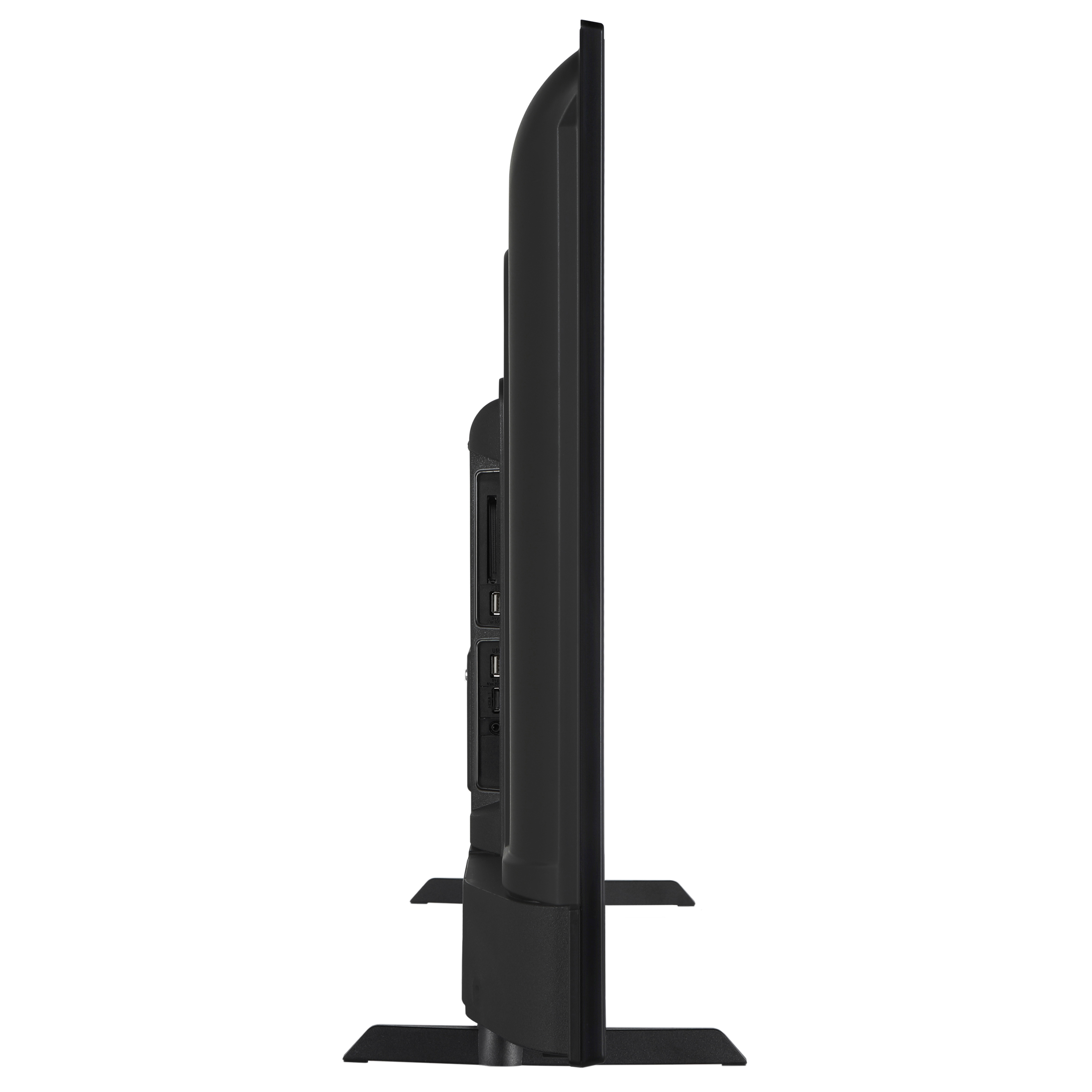 Een zwarte tv wordt van de zijkant getoond, met het scherm weg. De tv heeft een zwarte standaard.