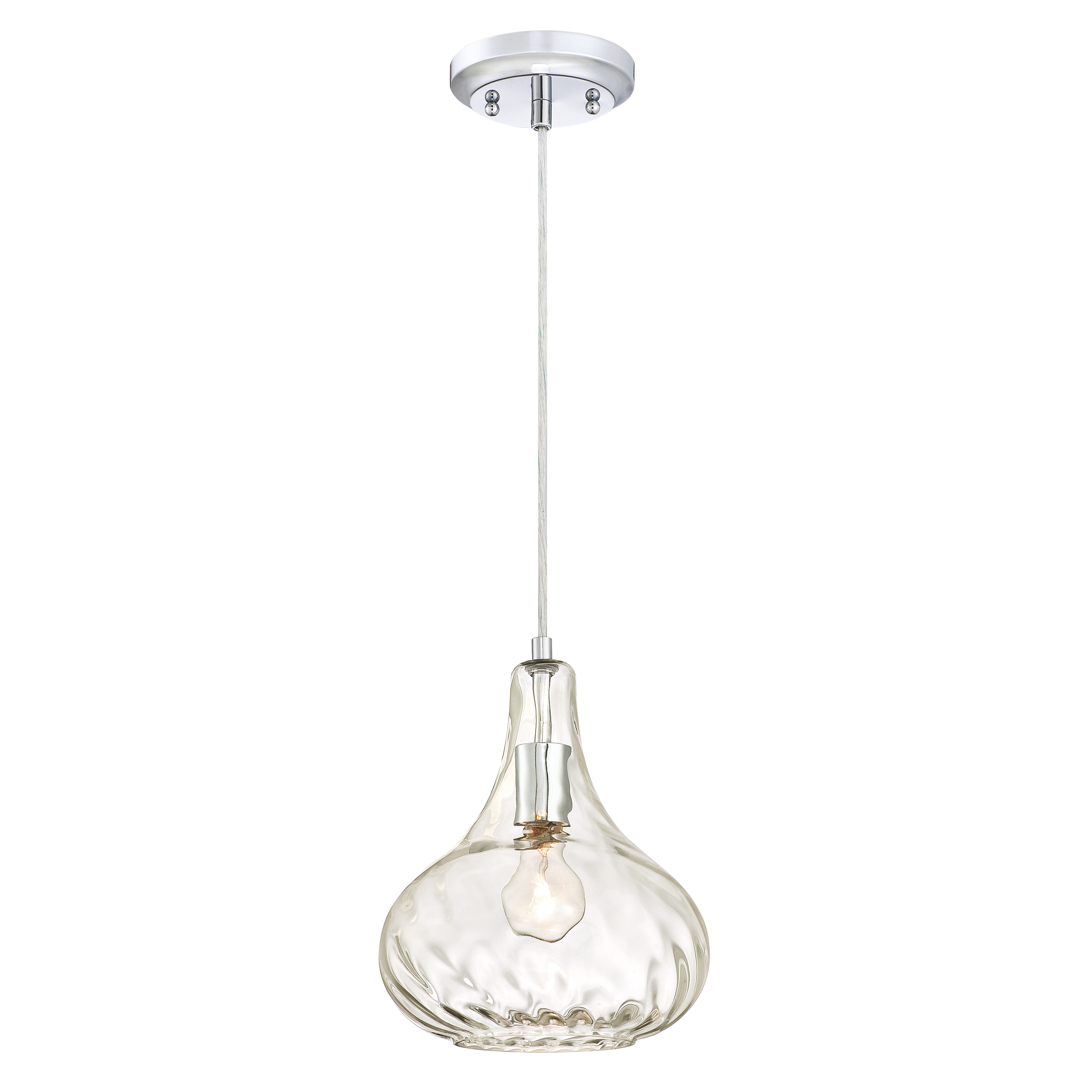 Eine hängende Glas-Pendelleuchte mit Chrom-Oberteil und tropfenförmigem Glasschirm.