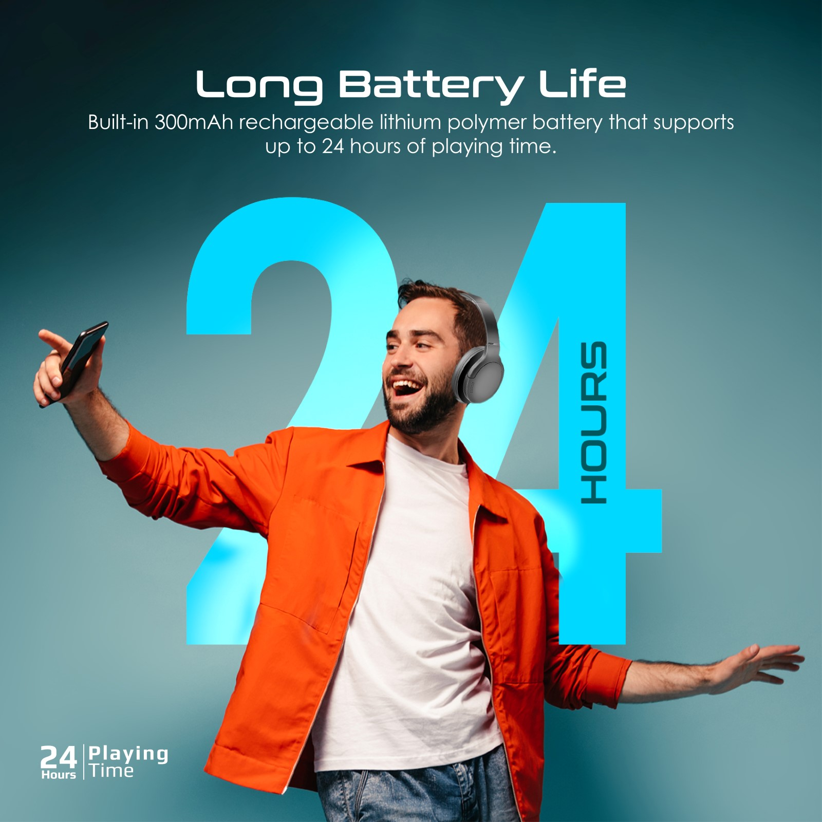 Uomo con cuffie grigie, tiene un telefono. Testo: Lunga durata della batteria, 24 ore di riproduzione.