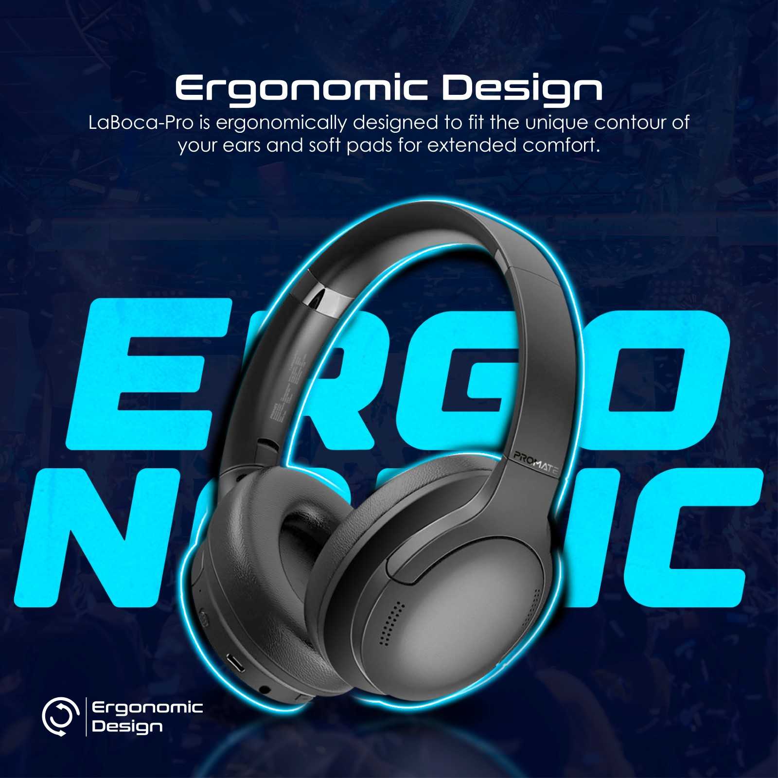Cuffie nere con la scritta 'Ergonomic Design' e 'Promate' su uno sfondo blu sfumato.
