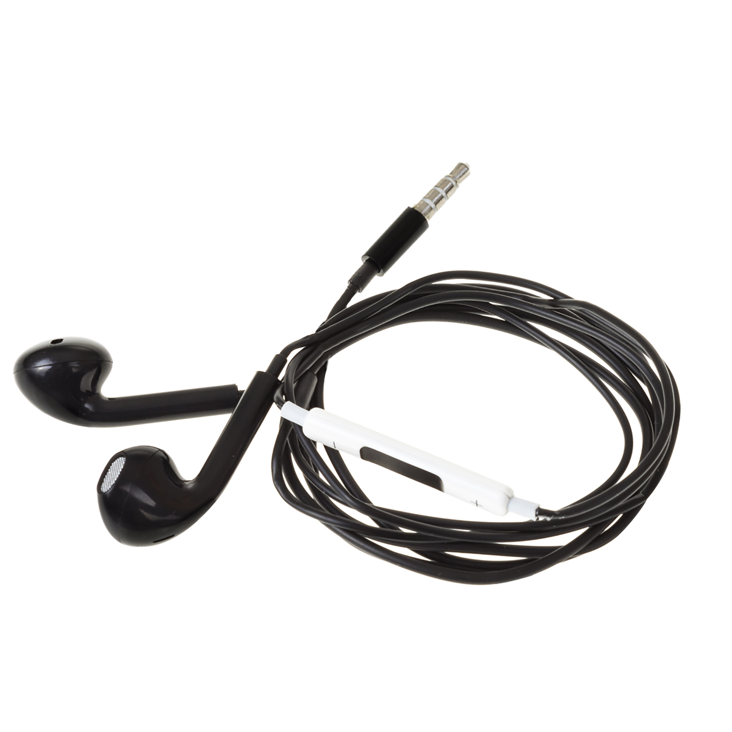 Auricolari neri con controllo e jack bianchi, cavo nero su sfondo bianco.