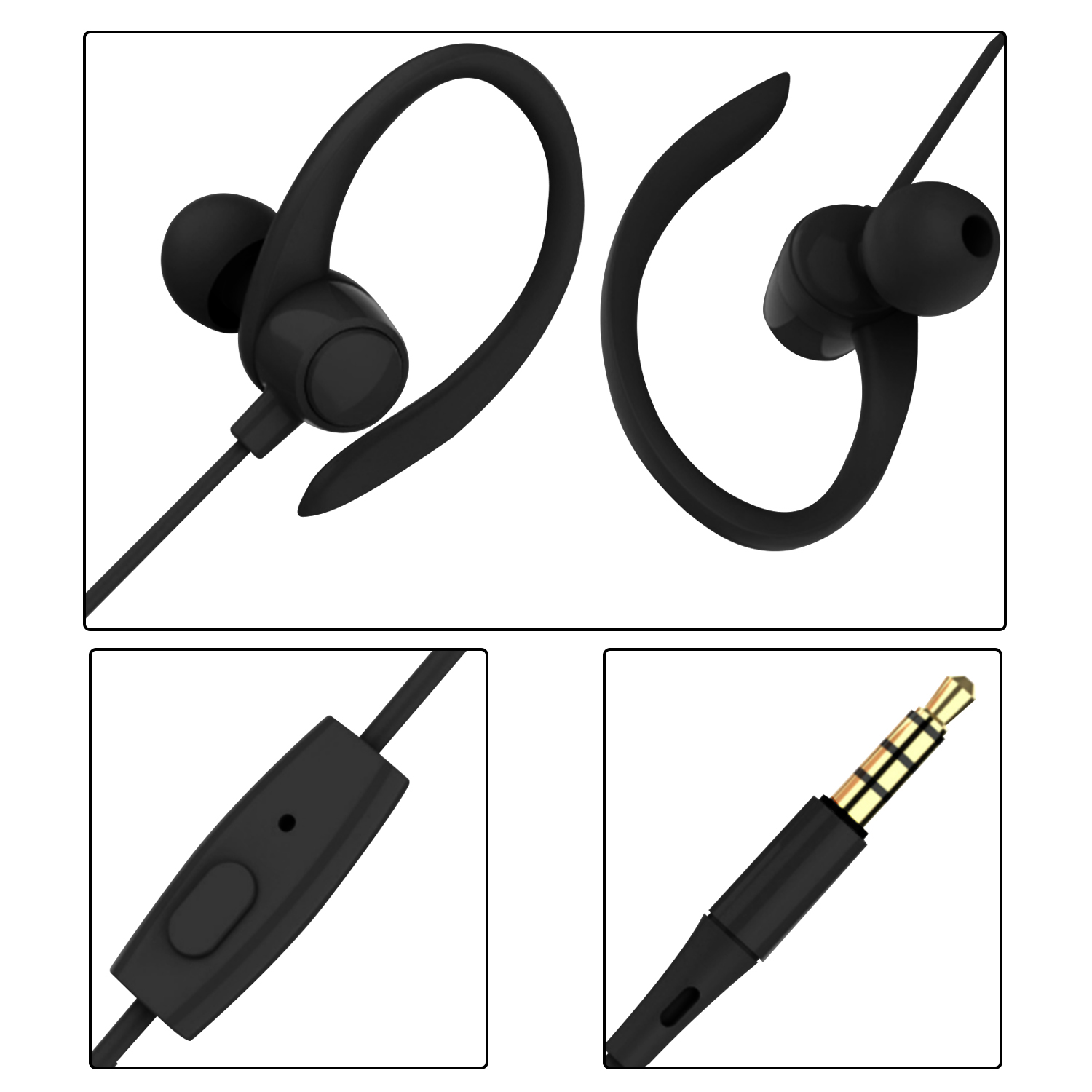 Juego de auriculares negros con diferentes vistas y conector.