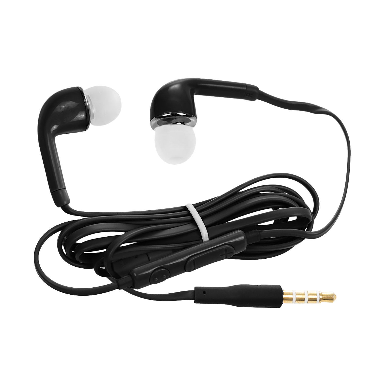 Auricolari neri con auricolari bianchi e cavo nero. Il cavo ha un microfono e un pulsante di controllo.