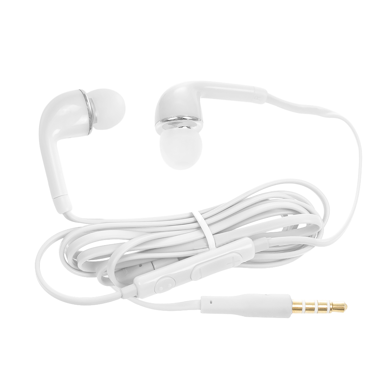 Auriculares blancos con cable blanco. Tienen un botón y un conector de audio de 3,5 mm.