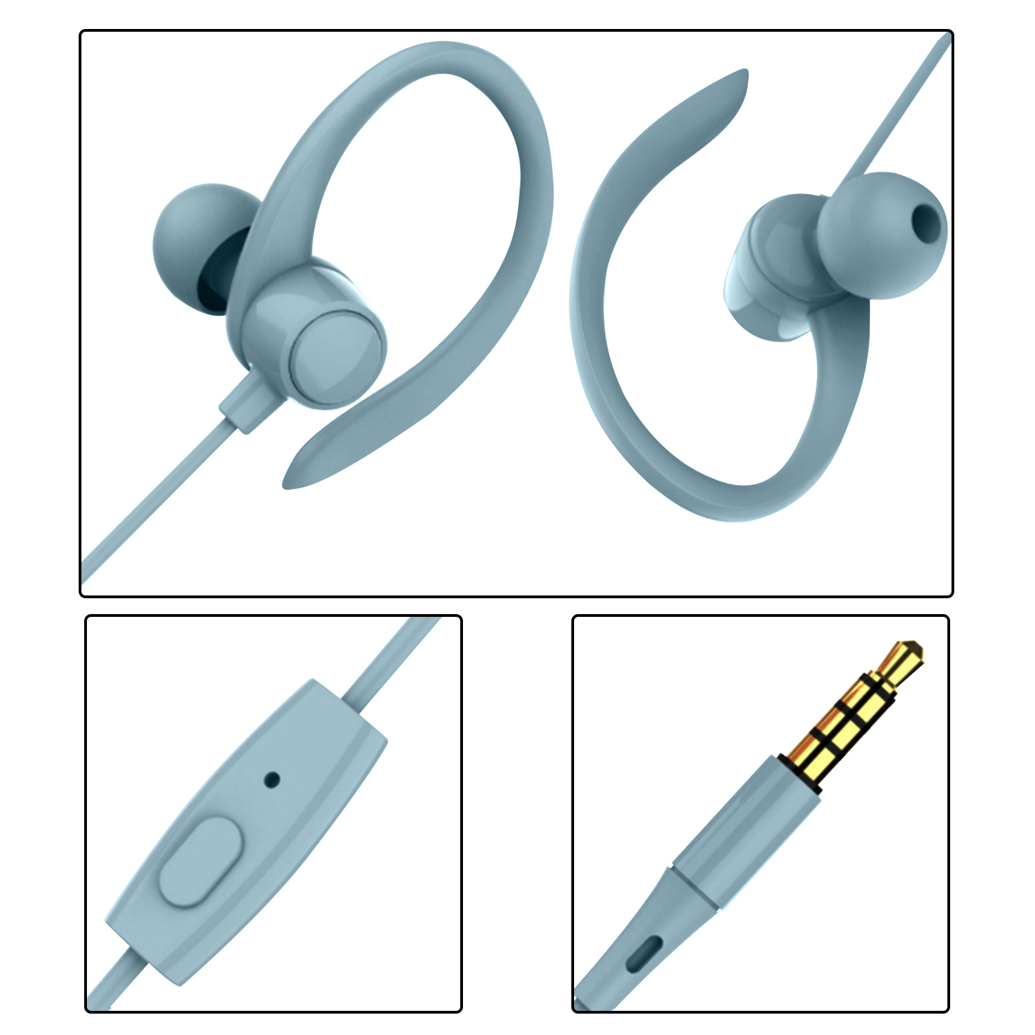 Auricolari azzurri con ganci auricolari, controllo e jack da 3,5 mm, tutto azzurro.