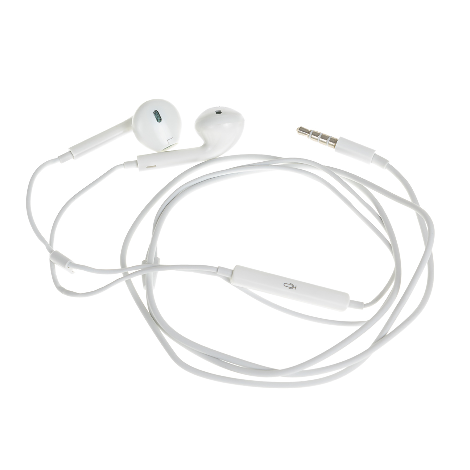 Auriculares blancos con micrófono y clavija, tumbados sobre una superficie blanca. El cable está enredado.
