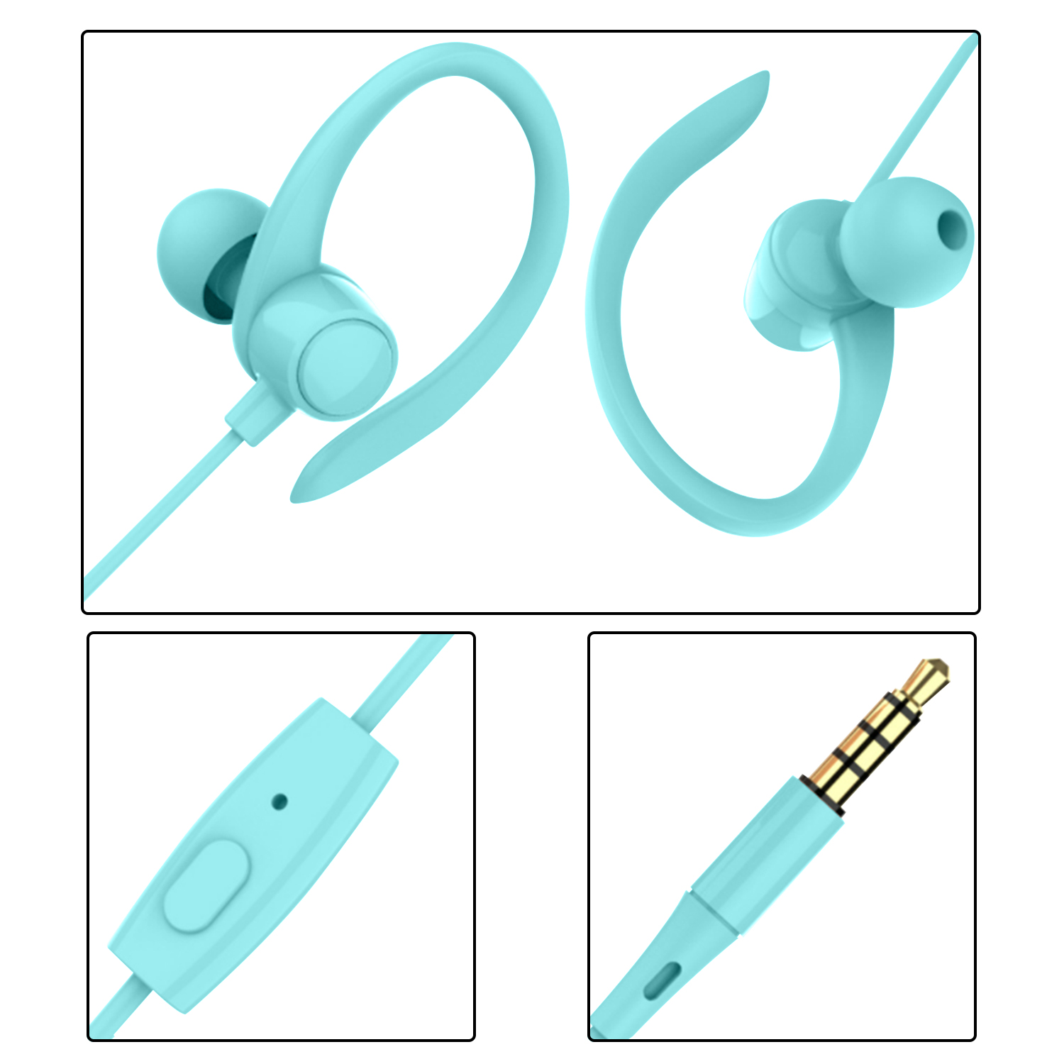 Primo piano di auricolari blu. Le parti includono un pulsante, un jack e i ganci per le orecchie.