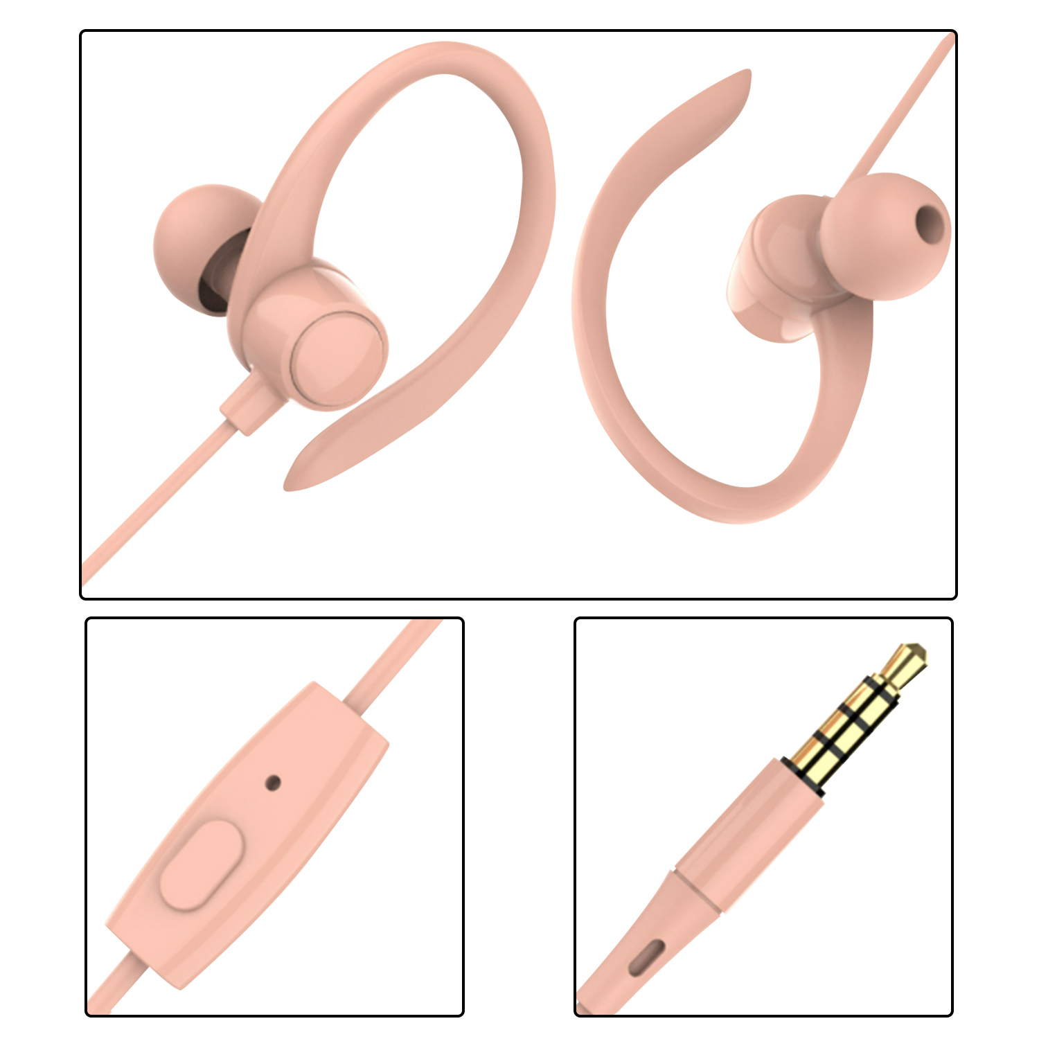 Auricolari rosa con ganci per l'orecchio e un pulsante di controllo. Tre immagini di dettaglio.
