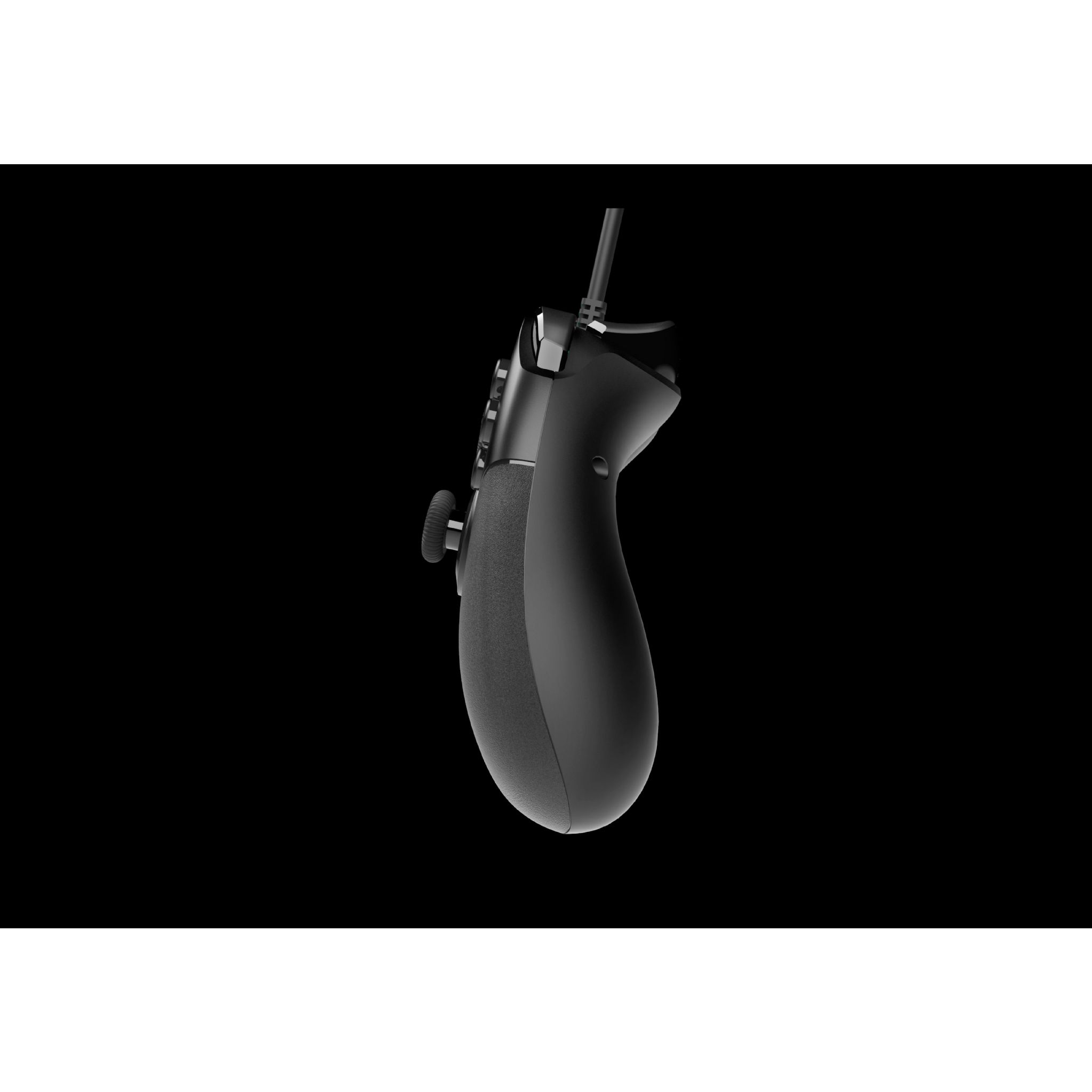 Czarny kontroler do gier. Ma teksturowany uchwyt i przyciski. Wychodzi z niego kabel.