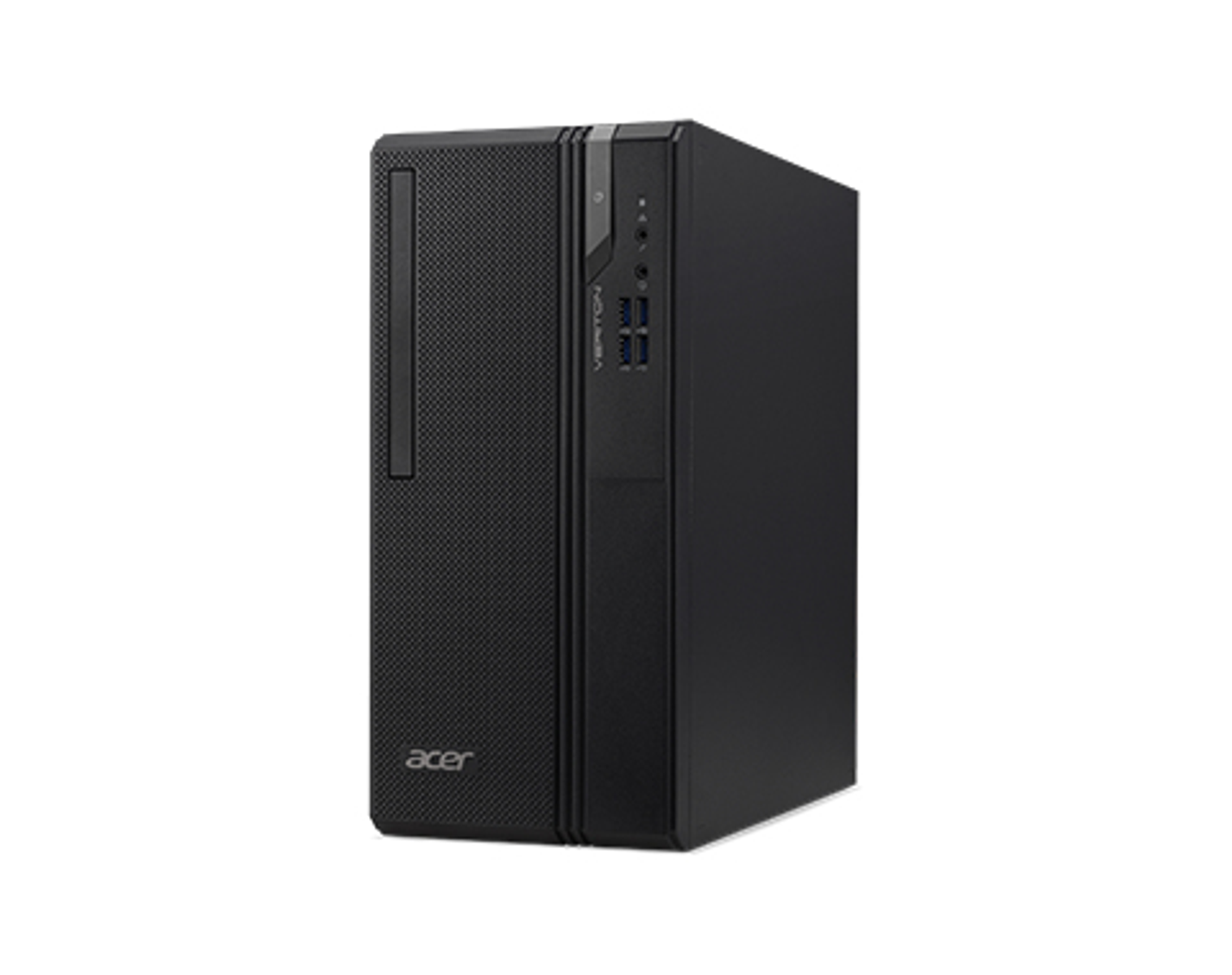 Computer desktop nero, Acer Veriton. Vista frontale con logo Acer, lato con porte.