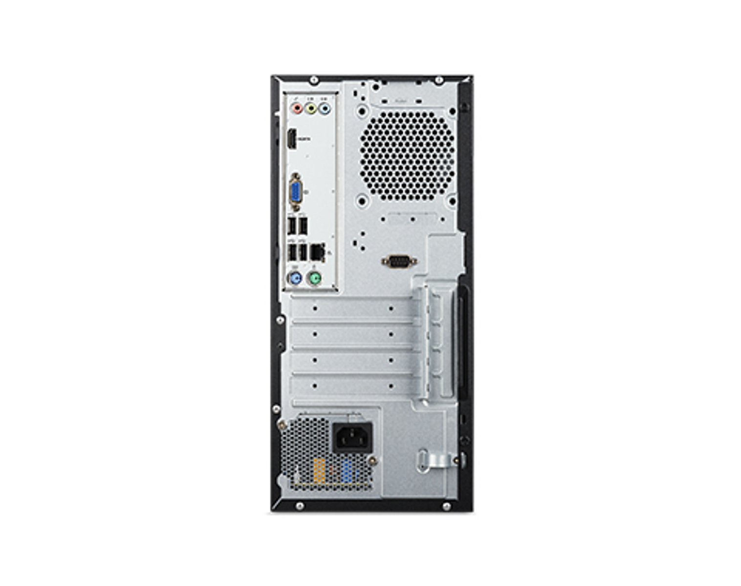 Parte posteriore di un case per computer con porte e prese d'aria. Nero. Alimentatore in basso.