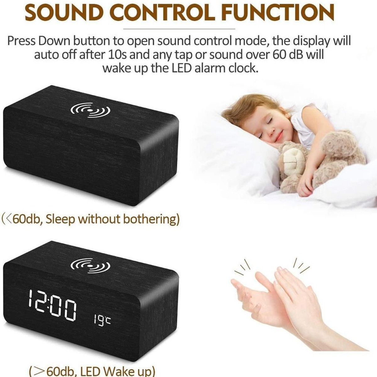 Czarny drewniany budzik z wyświetlaczem i śpiące dziecko obok.