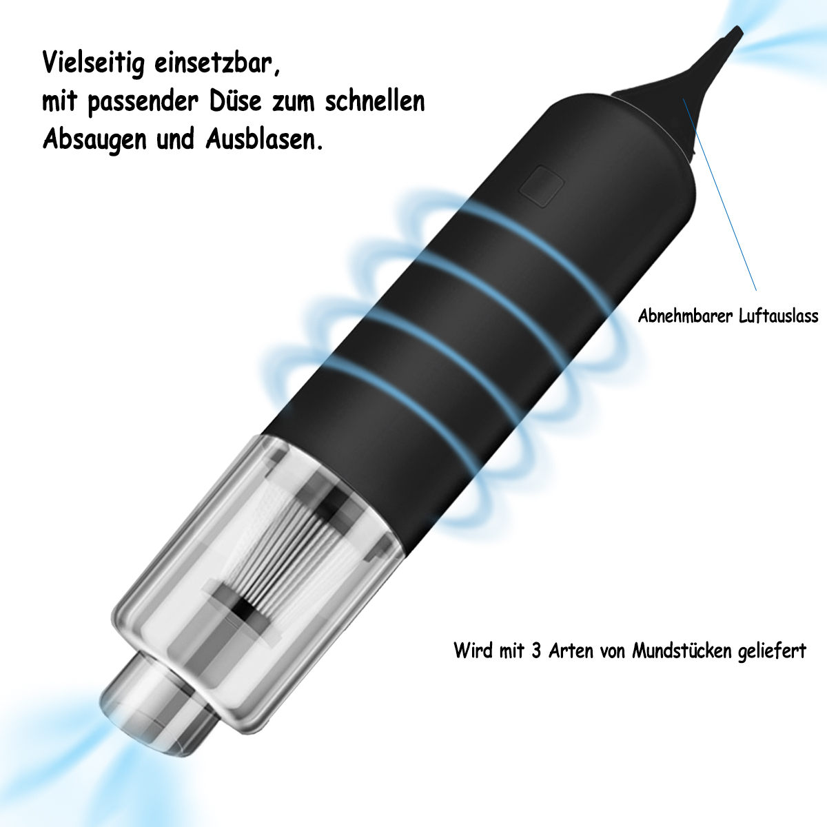 Czarny odkurzacz z przezroczystym pojemnikiem. Niebieskie wiry powietrza. Tekst po niemiecku.