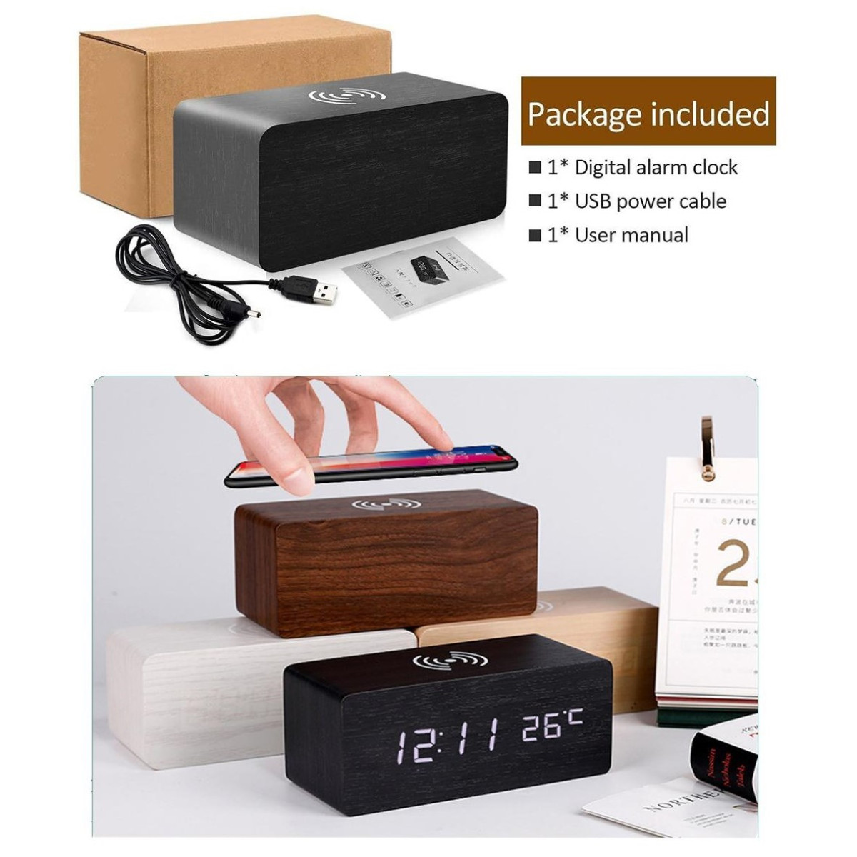 Drewniany budzik cyfrowy z bezprzewodową ładowarką na górze i telefonem.