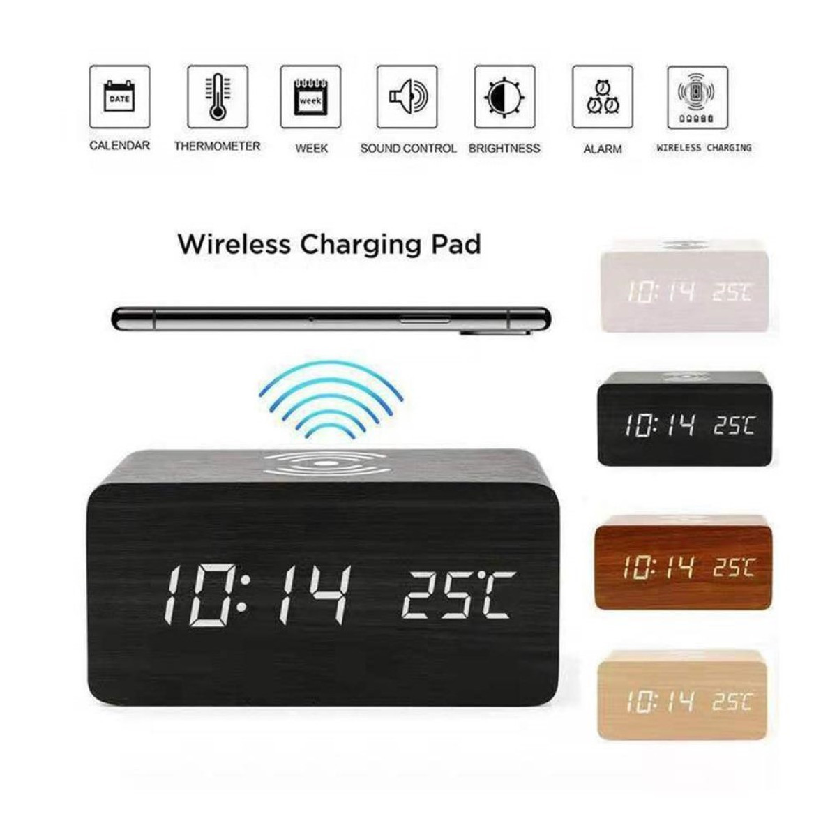 Czarna drewniana bezprzewodowa podkładka ładująca z cyfrowym zegarem pokazującym czas i temperaturę.