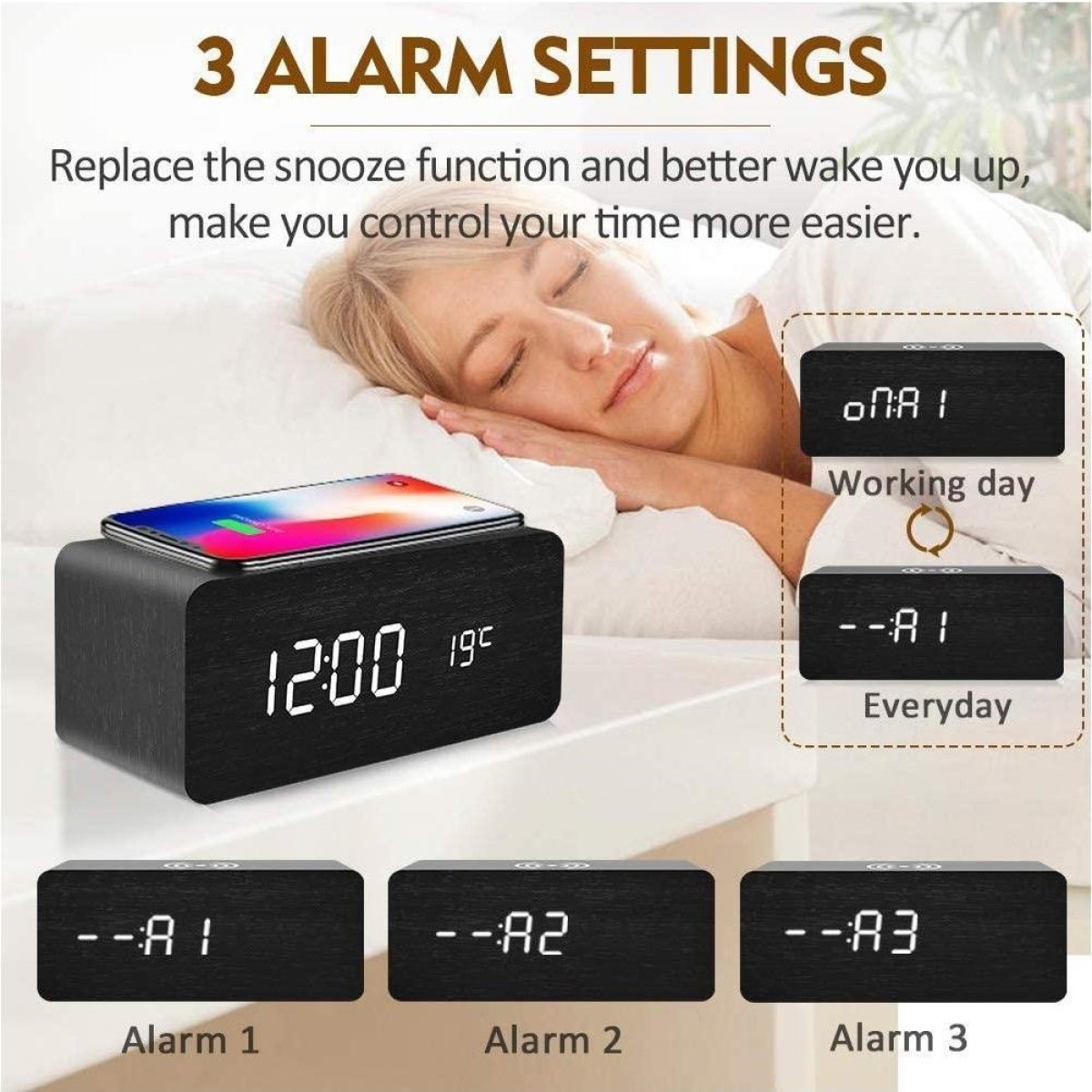 Czarny cyfrowy budzik z 3 ustawieniami alarmu. Pokazuje czas, datę i obraz telefonu na górze.