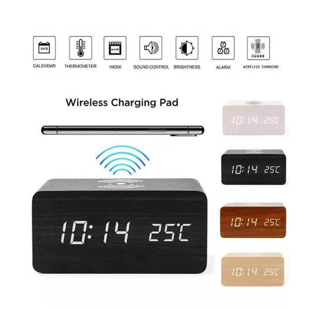 Drewniana bezprzewodowa podkładka ładująca z cyfrowym zegarem wyświetlającym godzinę i temperaturę.