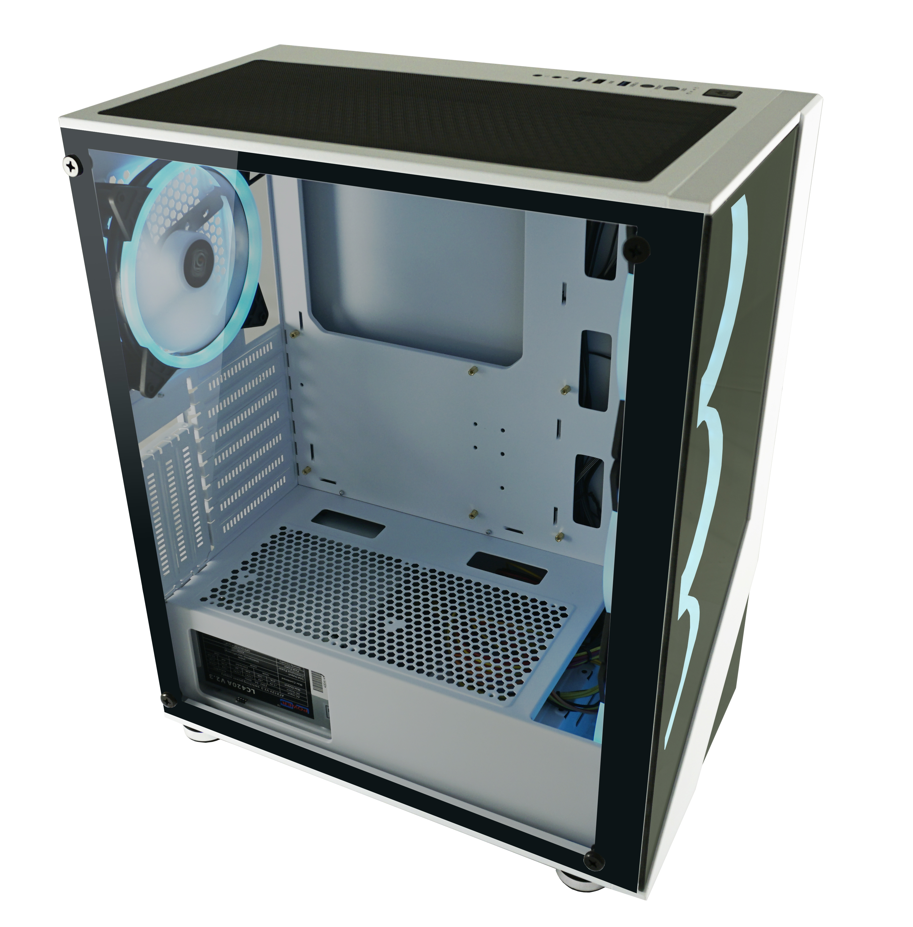 Obudowa komputera ze szklanym panelem pokazującym wnętrze z wentylatorami i komponentami.